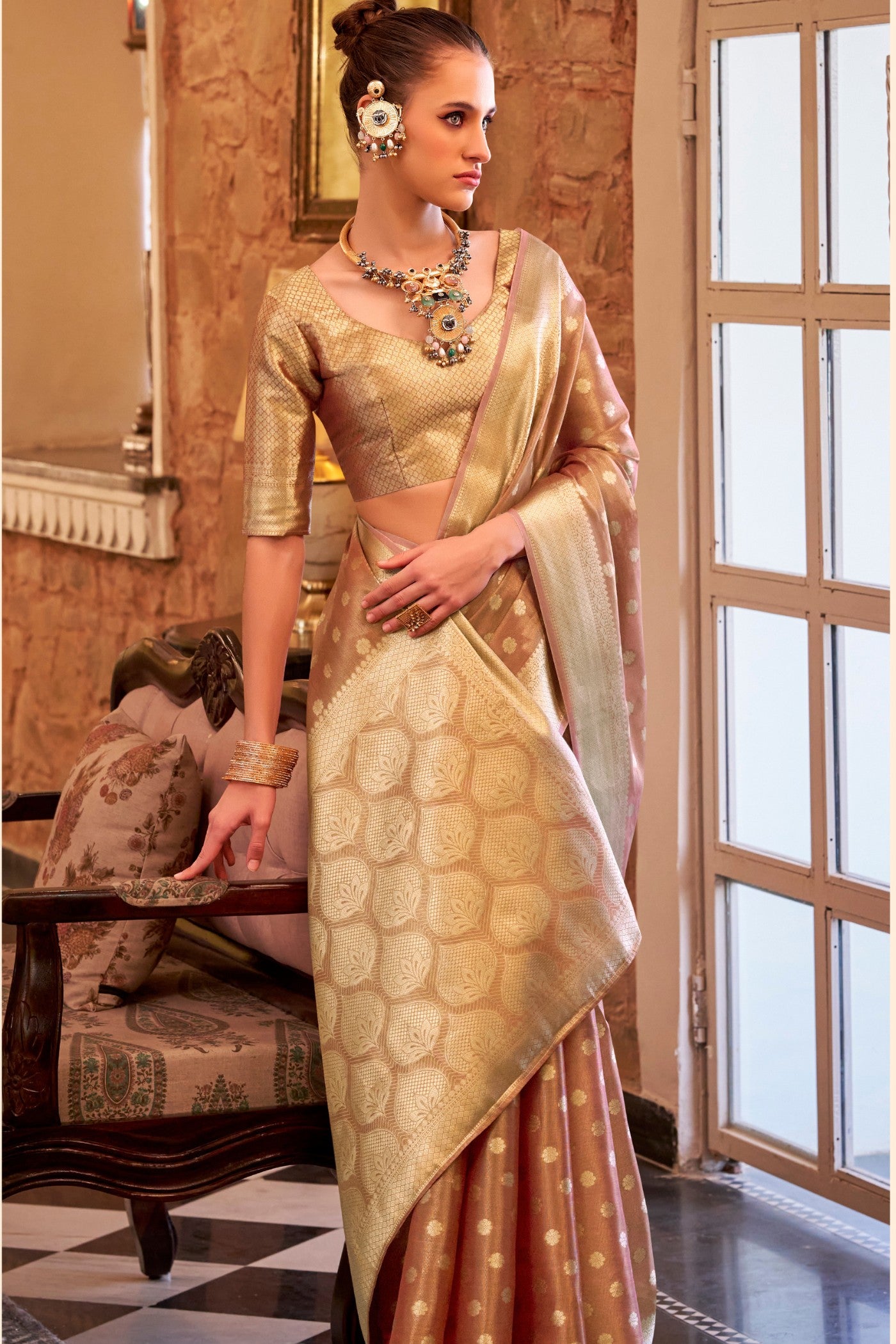 Buy MySilkLove Birch Brown Woven Tissue Silk Saree Online