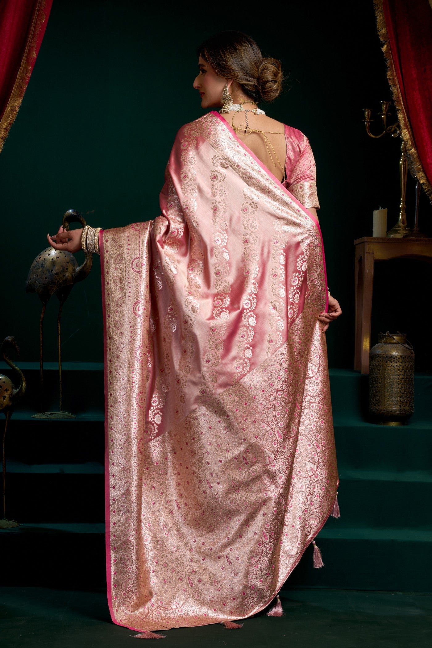 Buy MySilkLove Bubblegum Pink Banarasi Handloom Satin Soft Silk Saree Online