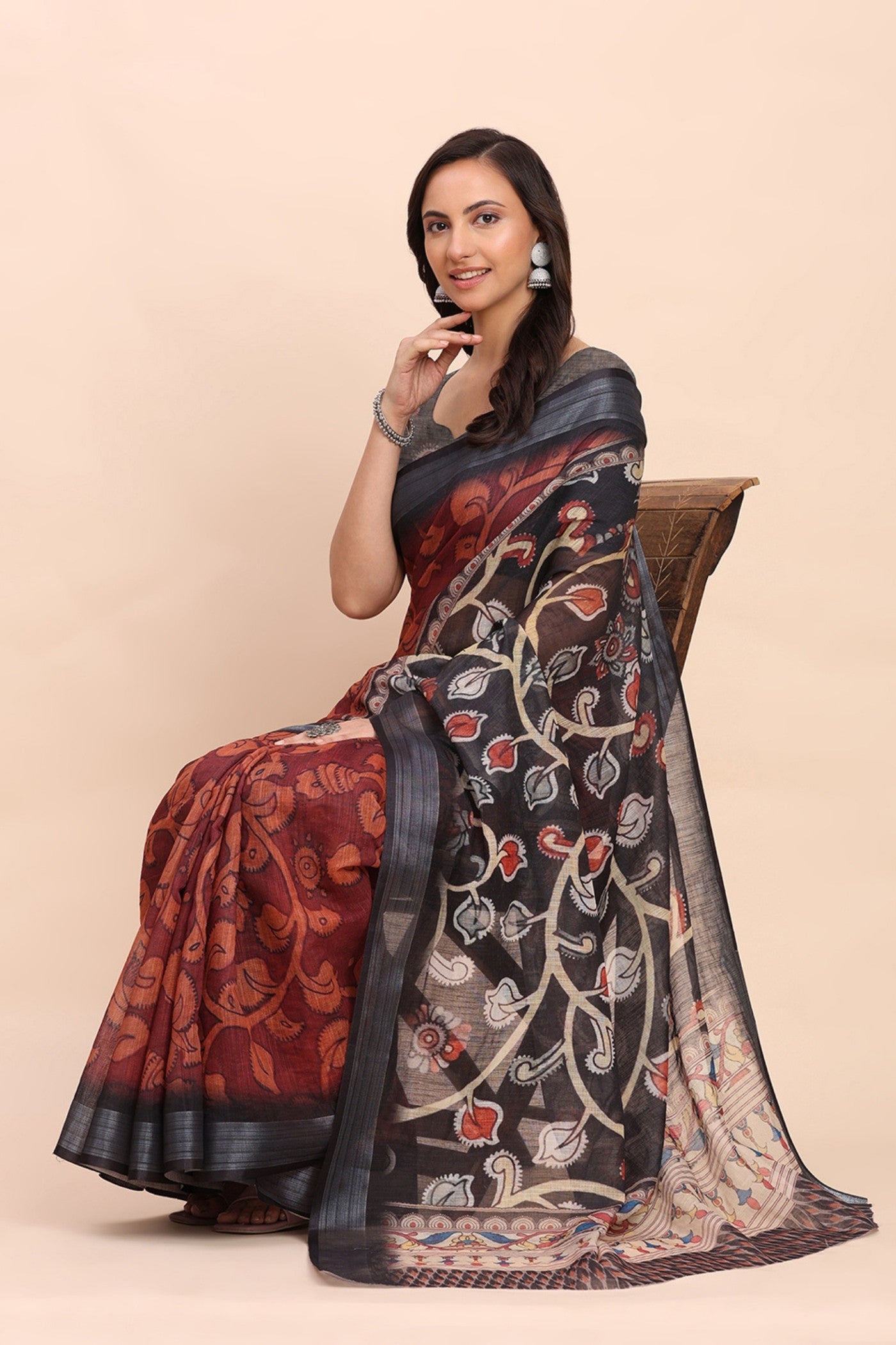 Buy MySilkLove Brick Red Woven Linen Cotton Saree Online