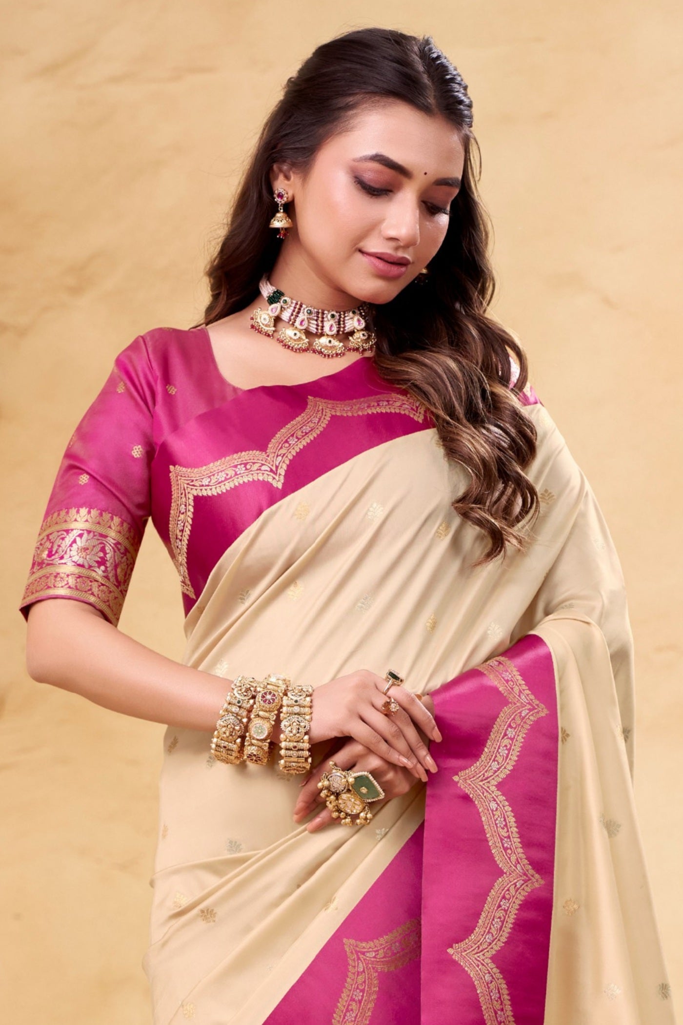 Buy MySilkLove Parchment Cream Woven Banarasi Satin Soft Silk Saree Online