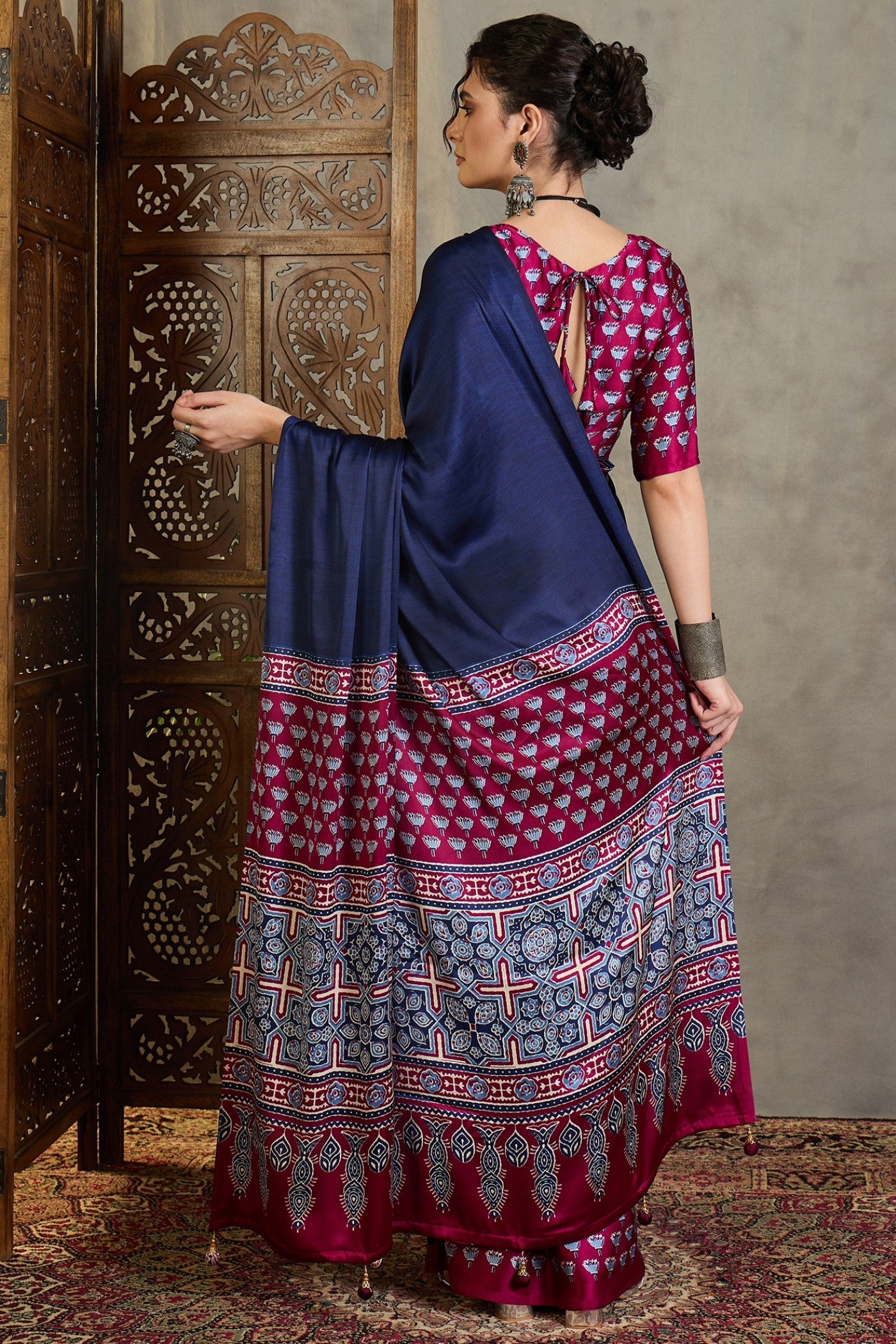 Buy MySilkLove Navy Blue and Purple Ajrakh Printed Satin Crepe Silk Saree Online