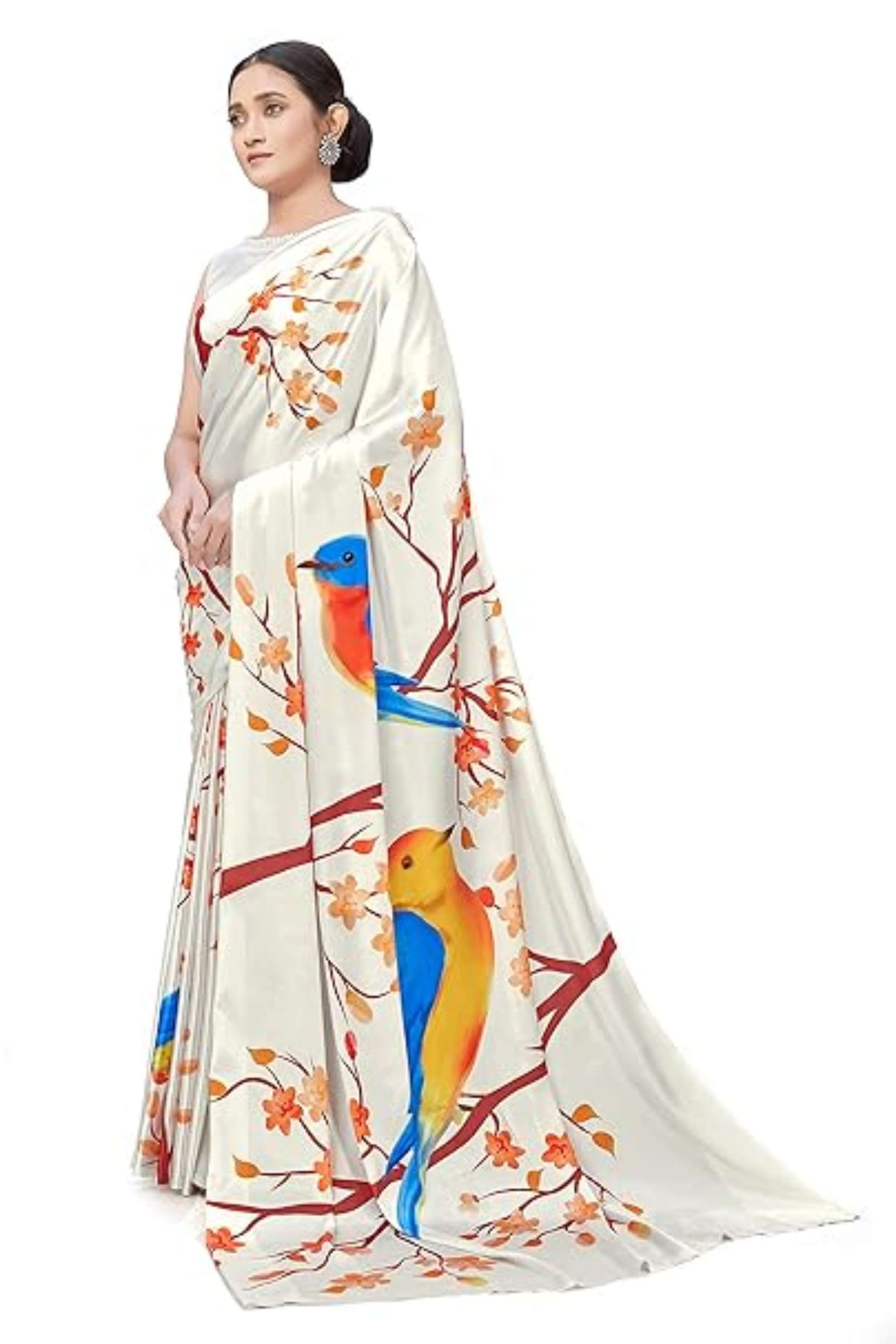 Buy MySilkLove Cararra White Printed Satin Crepe Saree Online