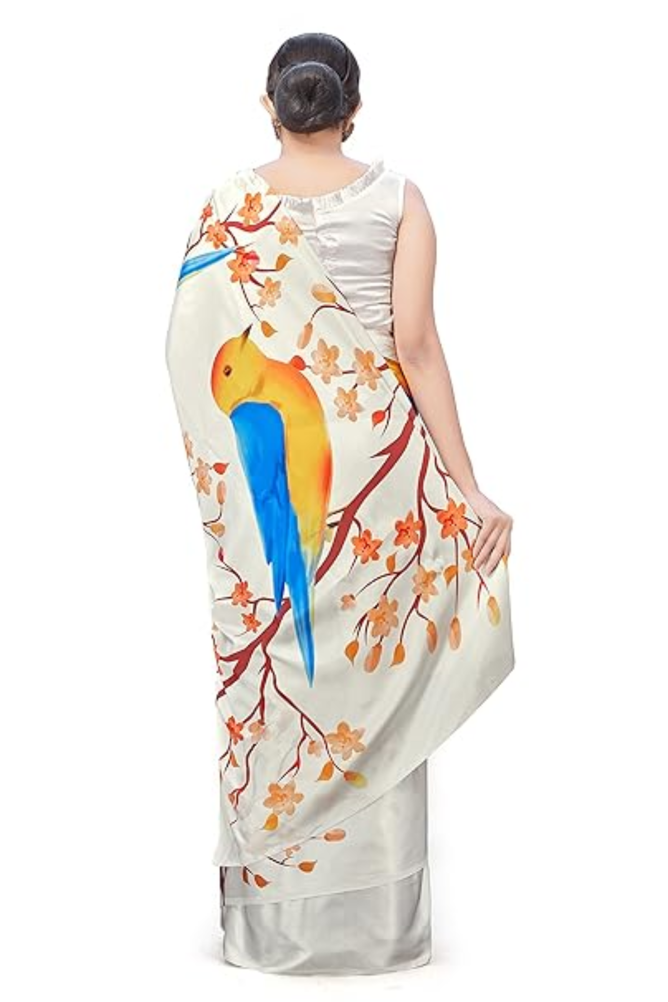 Buy MySilkLove Cararra White Printed Satin Crepe Saree Online