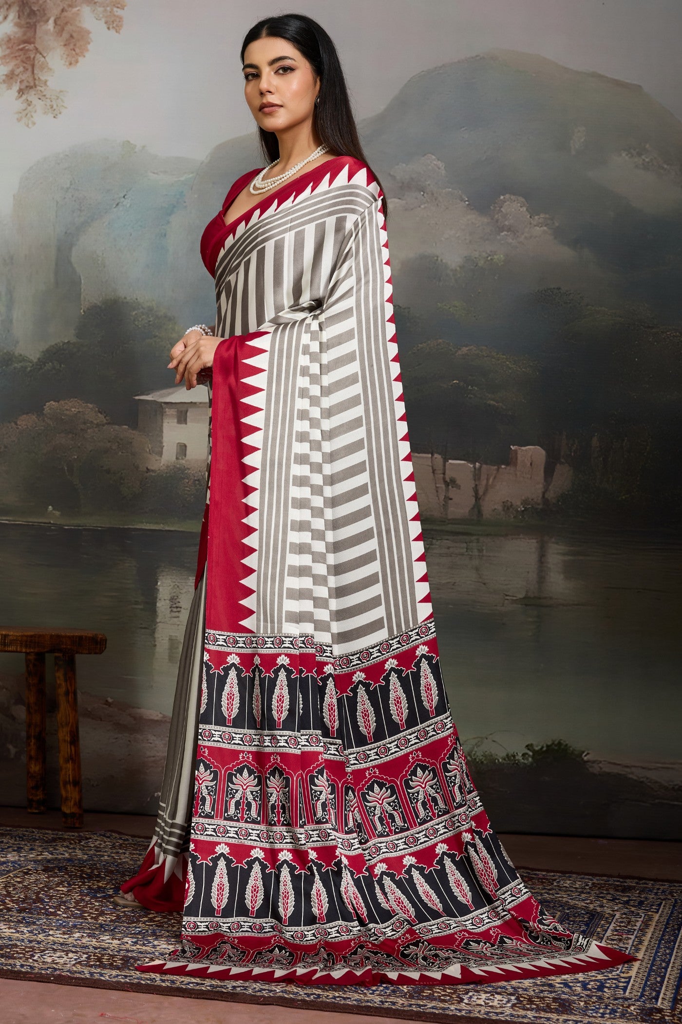 Buy MySilkLove Honeydew White and Red Ajrakh Printed Satin Crepe Silk Saree Online