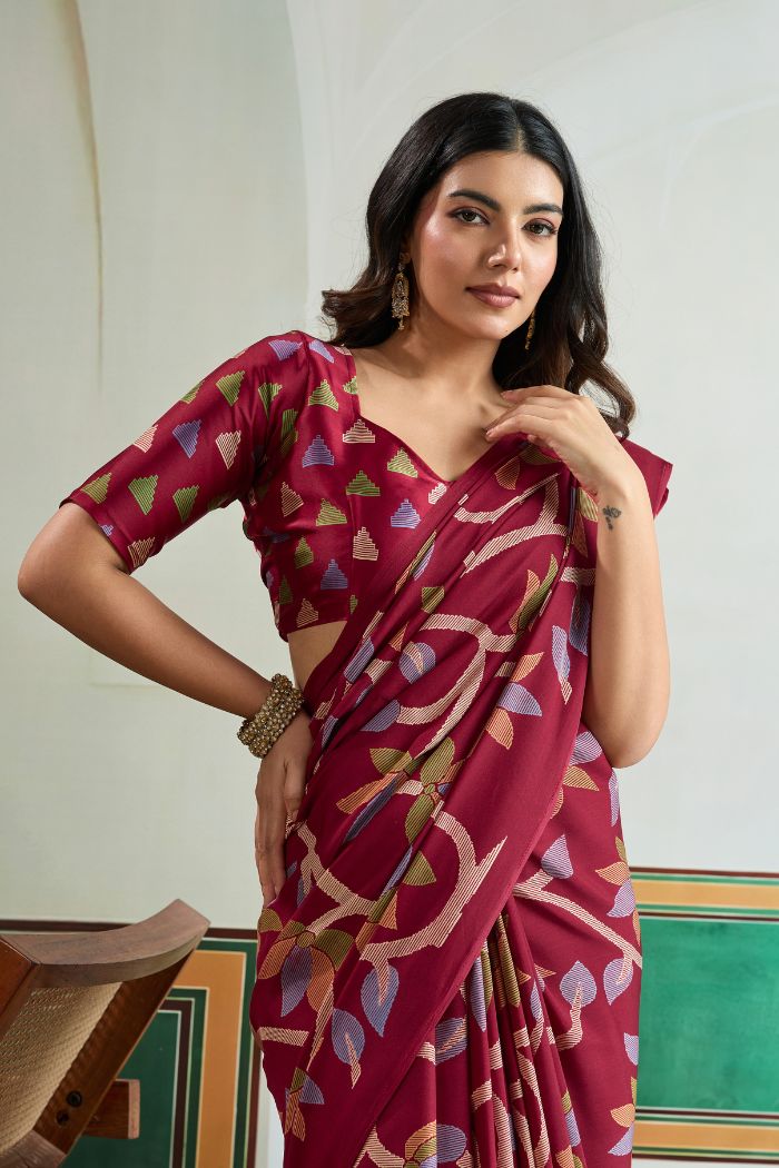Buy MySilkLove Claret Maroon Modal Ajrakh Printed Satin Silk Saree Online