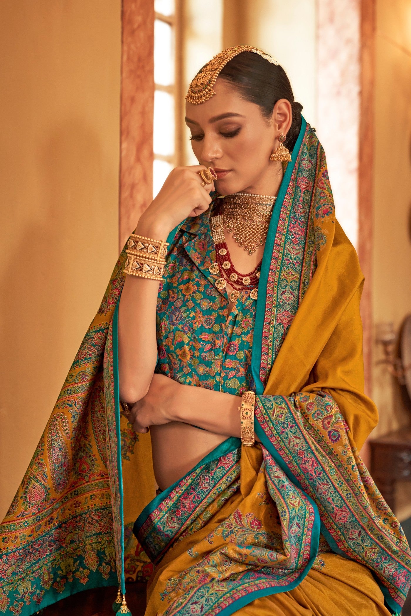 Buy MySilkLove Flaxen Yellow Printed Banarasi Saree Online