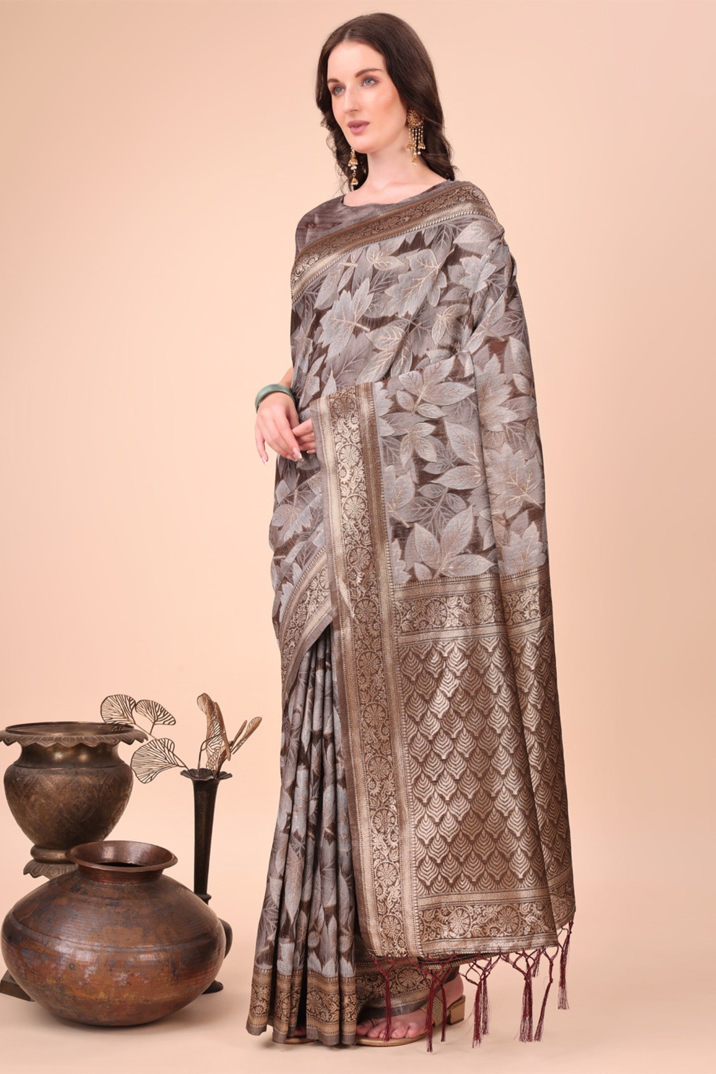 Buy MySilkLove Mocca Brown Woven Cotton Saree Online