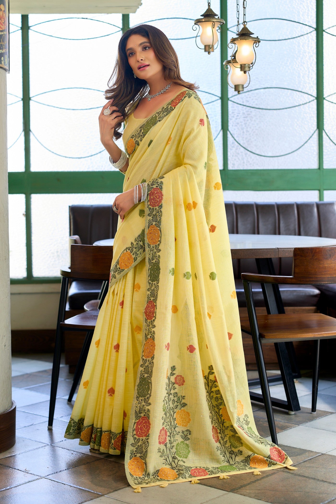 Buy MySilkLove Daffodil Yellow Floral Handloom Linen Saree Online
