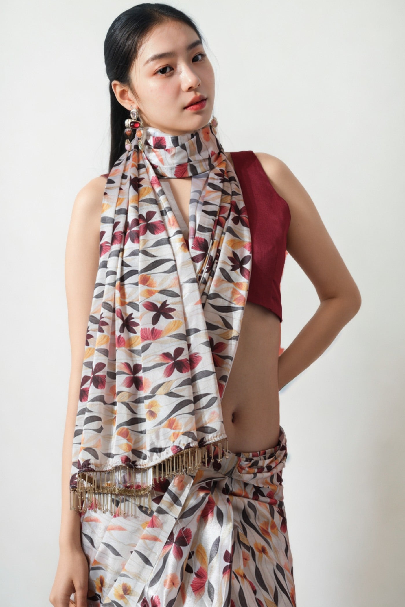 Buy MySilkLove Dirt Grey Chinon Printed Ready To Wear Saree Online