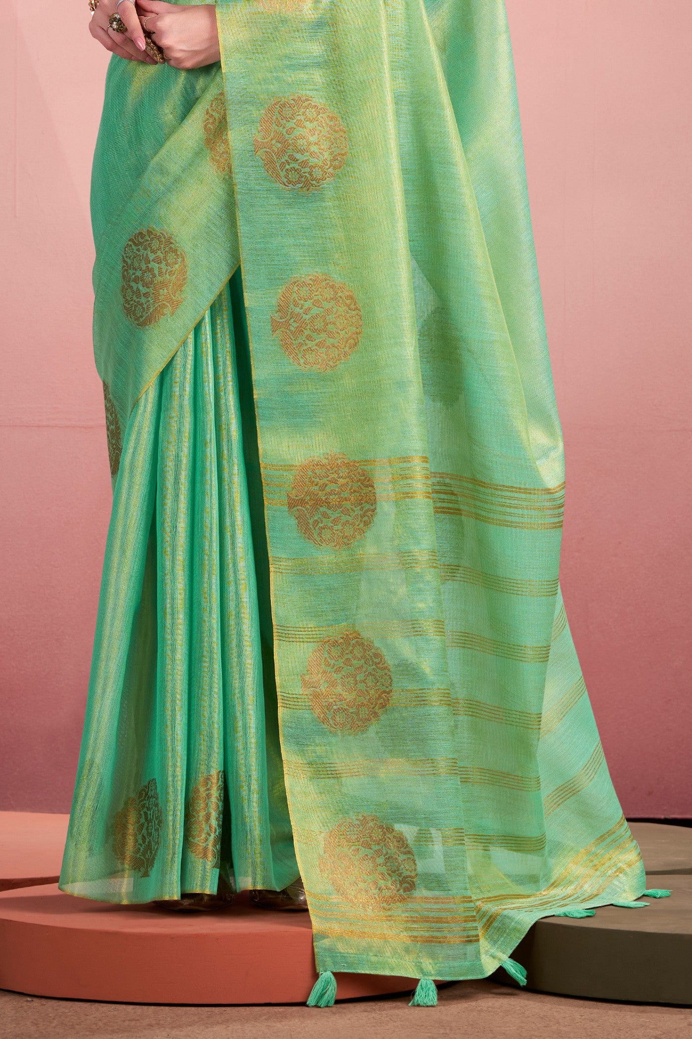 Buy MySilkLove Chalet Green Zari Woven Tissue Saree Online