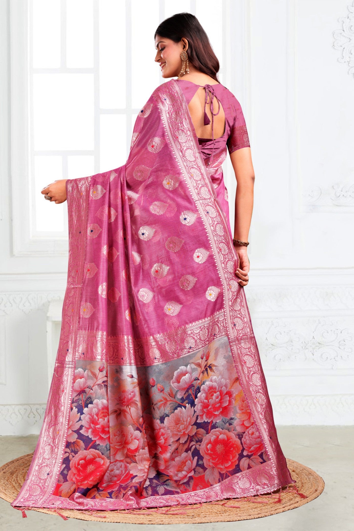 Buy MySilkLove Lotus Pink Woven Linen Cotton Saree Online