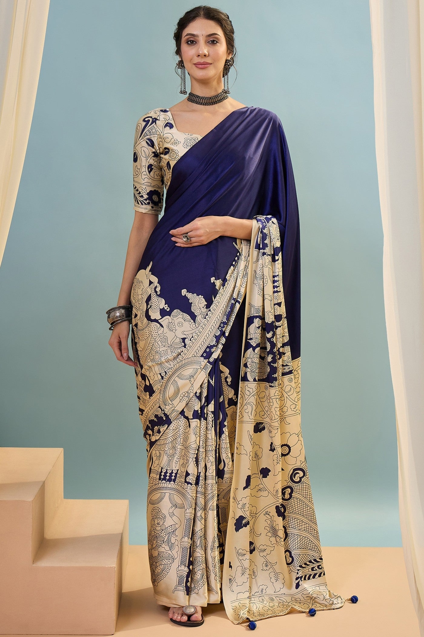 Buy MySilkLove Air Blue Ajrakh Printed Satin Crepe Silk Saree Online