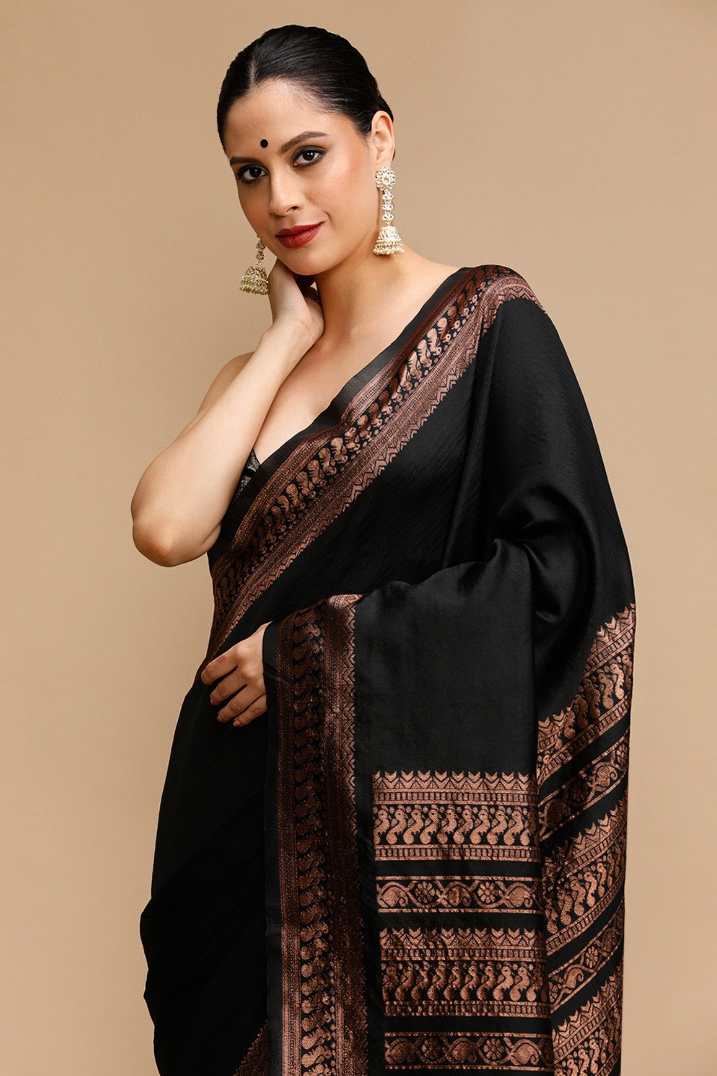 Buy MySilkLove Davy Black Woven Jacquard Lichi Silk Saree Online