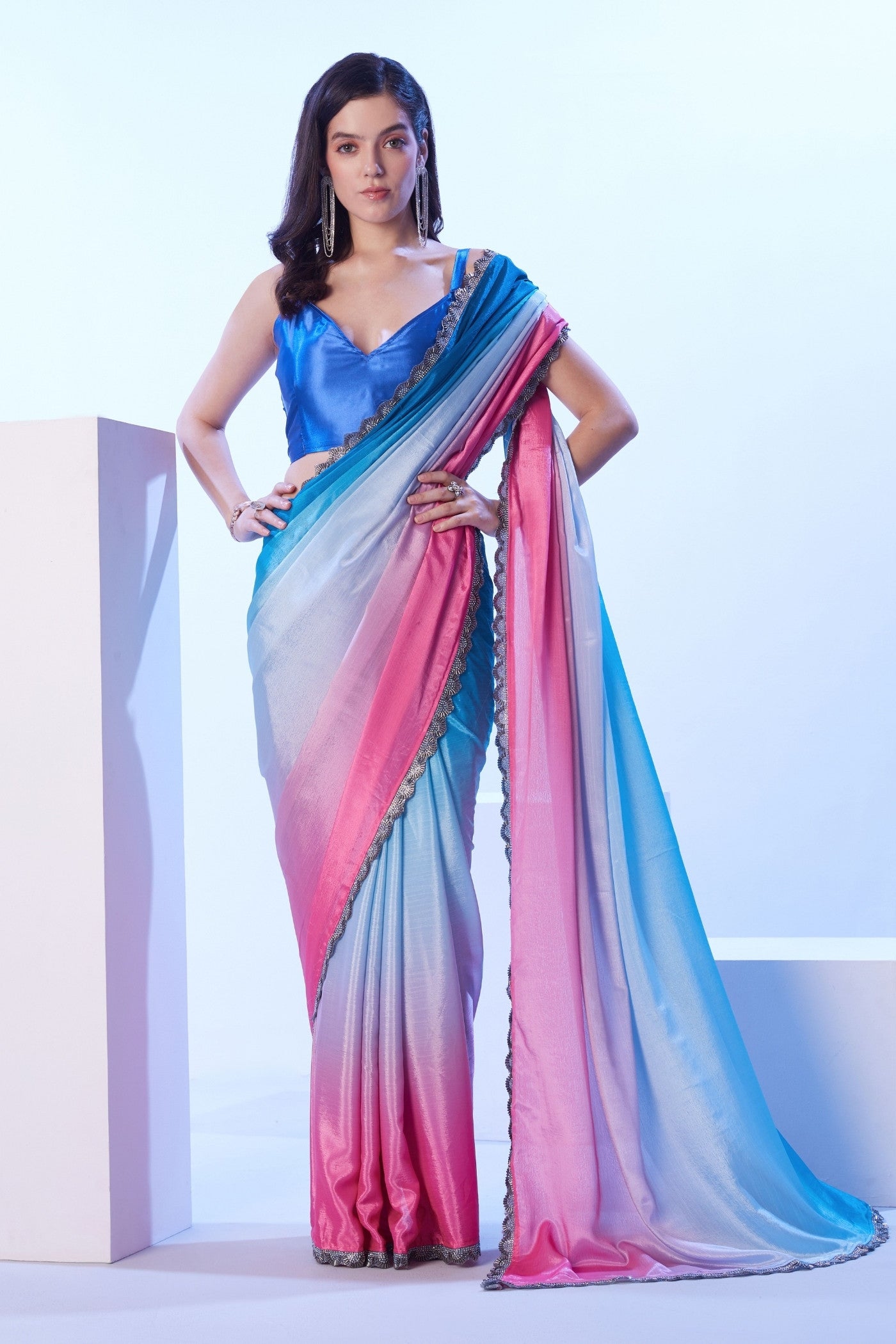 Buy MySilkLove Neon Blue and Pink Designer Partywear Saree Online