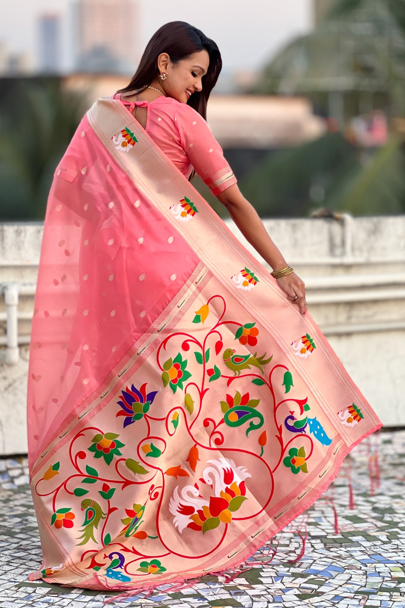 Buy MySilkLove Coral Pink Organza Woven Paithani Saree Online