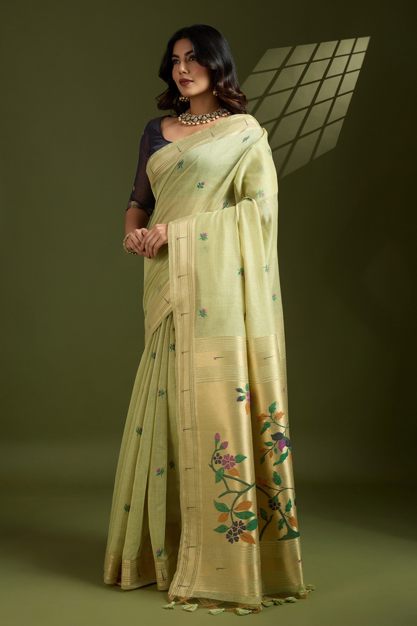 Buy MySilkLove Pear Green Woven Muga Cotton Paithani Saree Online