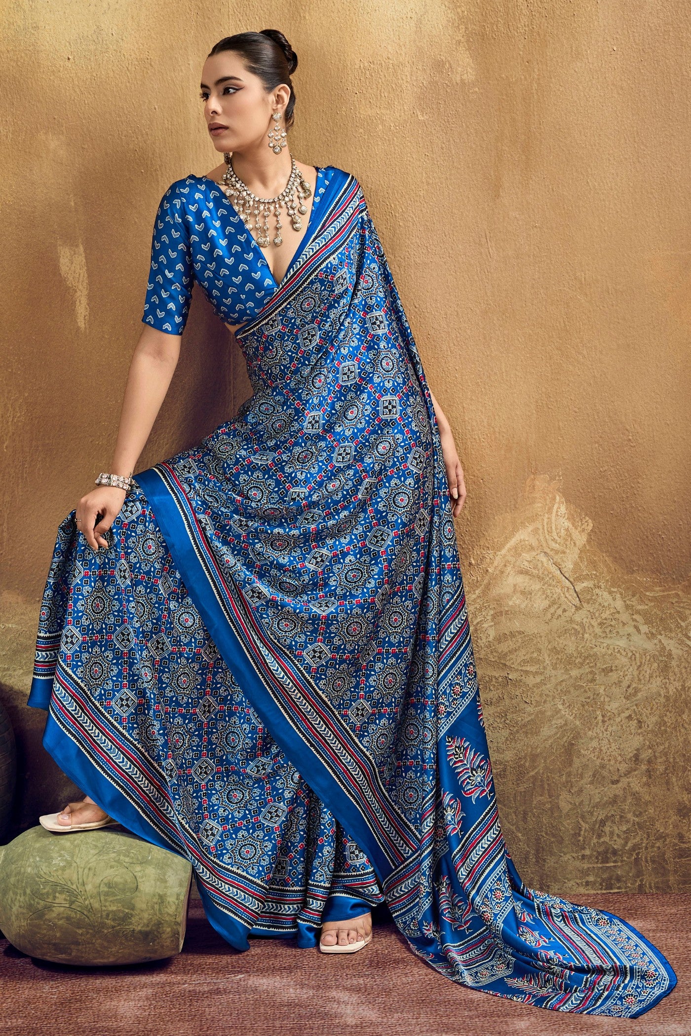 Buy MySilkLove Arctic Blue Modal Ajrakh Satin Printed Silk Saree Online