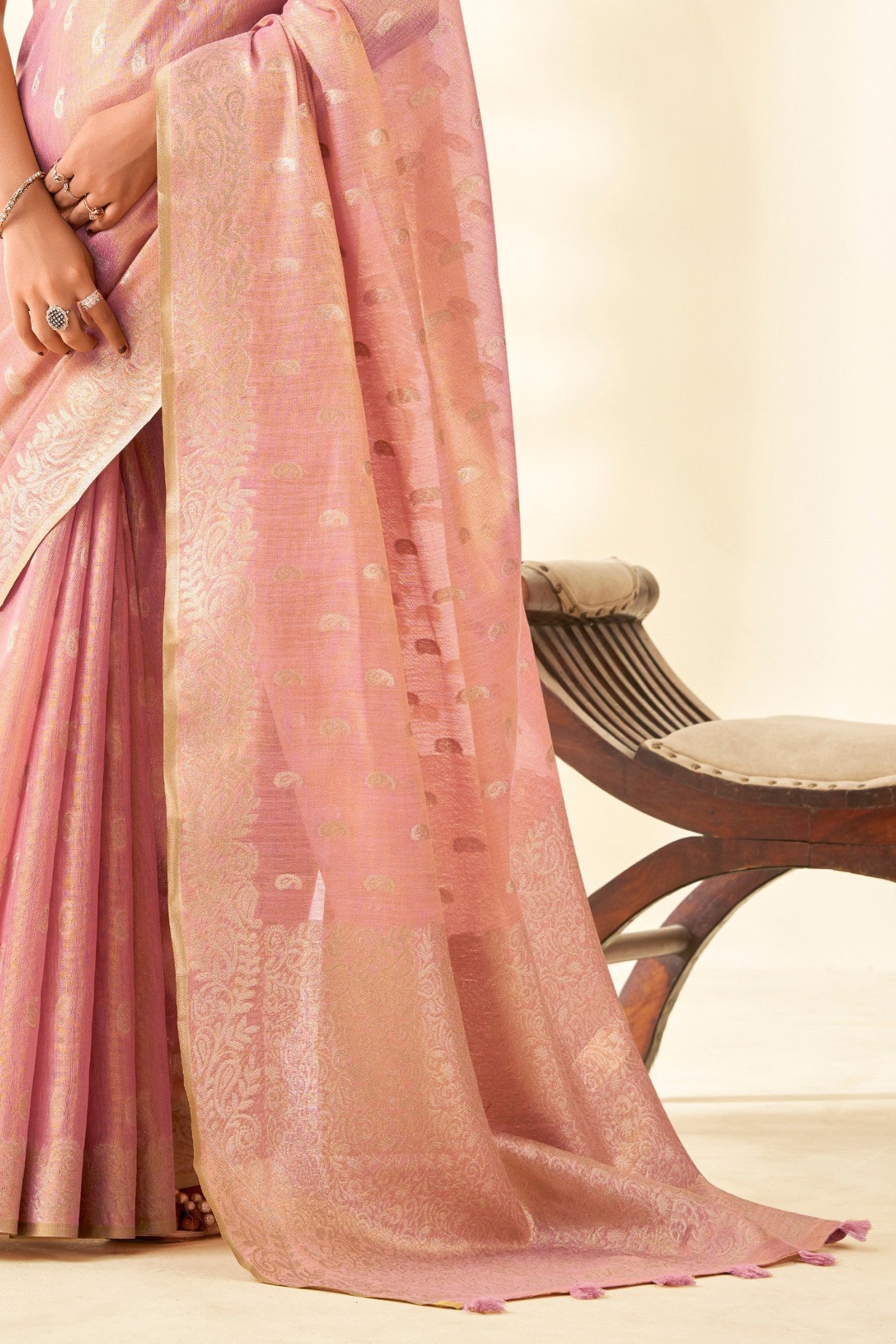 Buy MySilkLove Rose Pink Woven Tissue Linen Saree Online