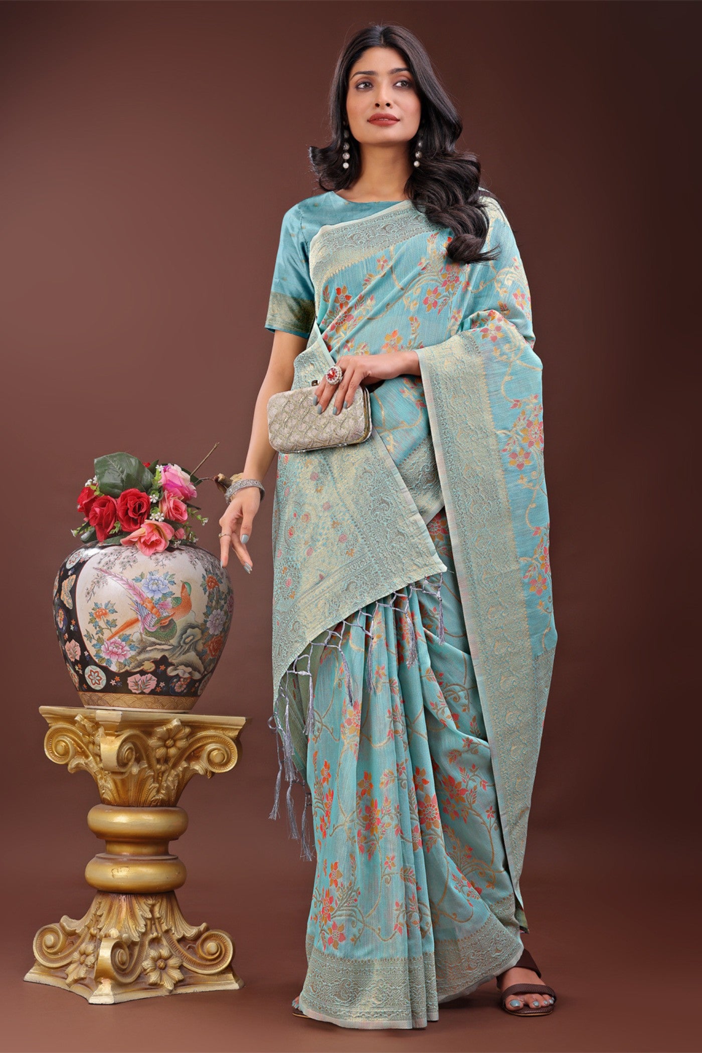 Buy MySilkLove Cadet Blue Linen Cotton Saree Online