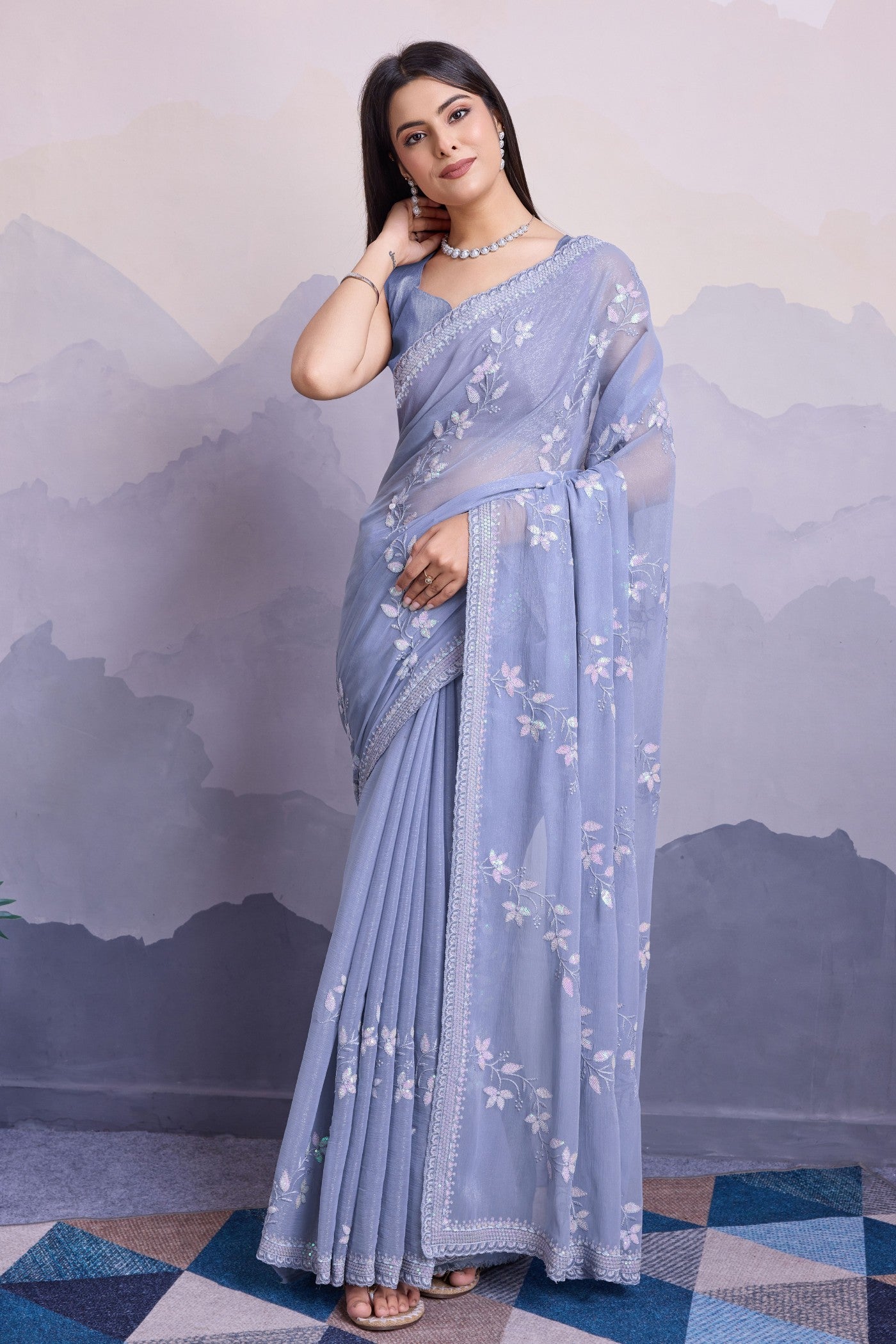 Buy MySilkLove Columbia Grey Embroidered Designer Chiffon Saree Online