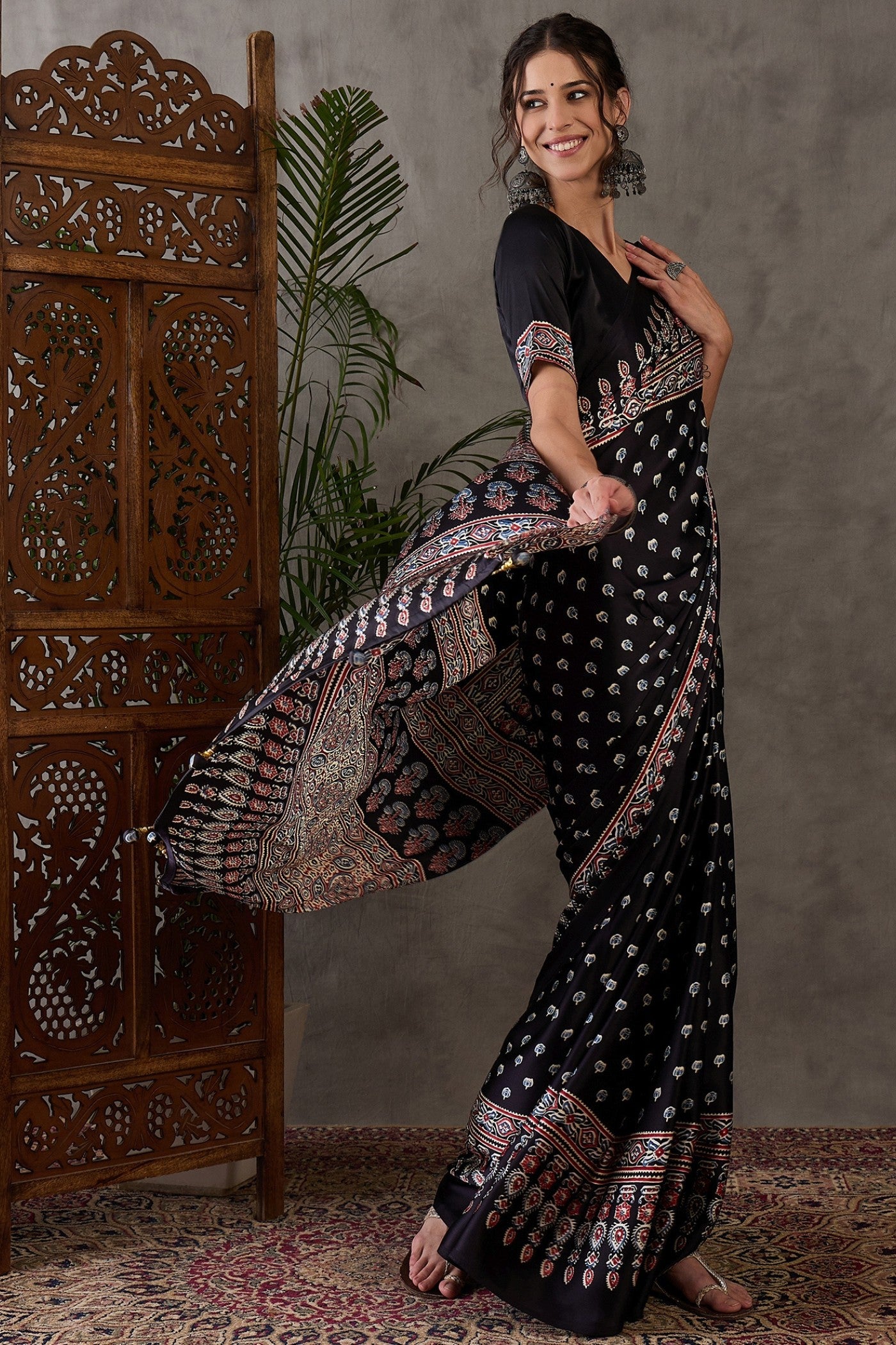 Buy MySilkLove Tuna Black Printed Satin Gaji Silk Saree Online