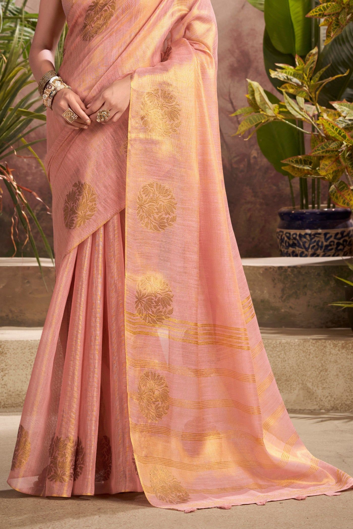 Buy MySilkLove Pastel Peach Woven Tissue Saree Online