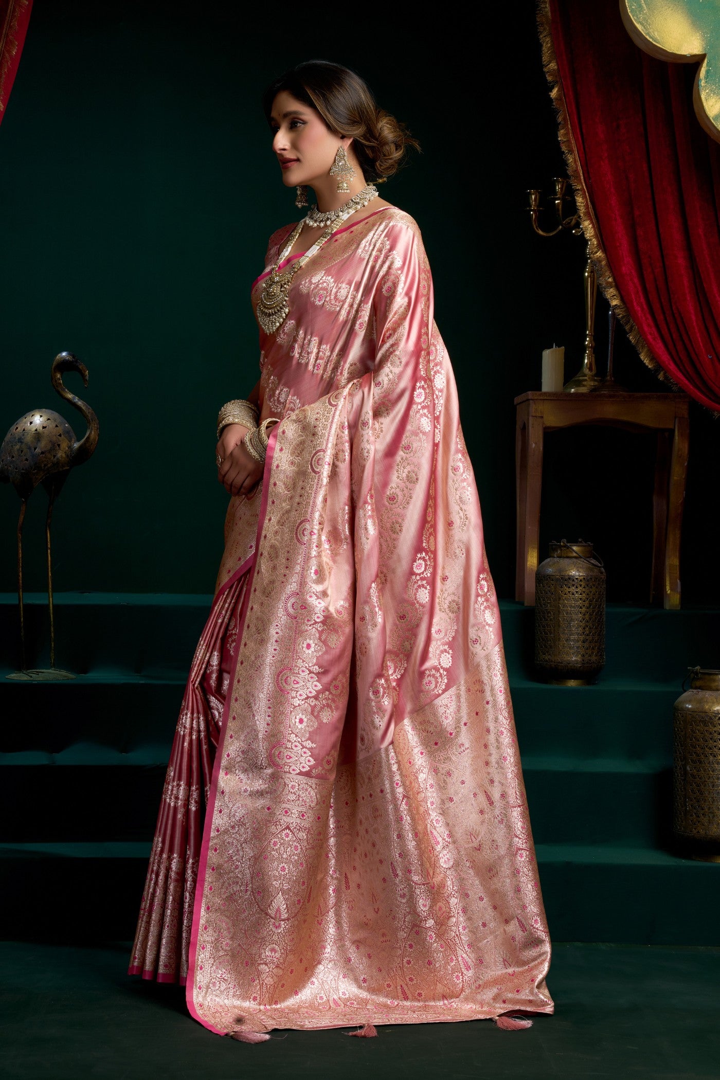 Buy MySilkLove Bubblegum Pink Banarasi Handloom Satin Soft Silk Saree Online