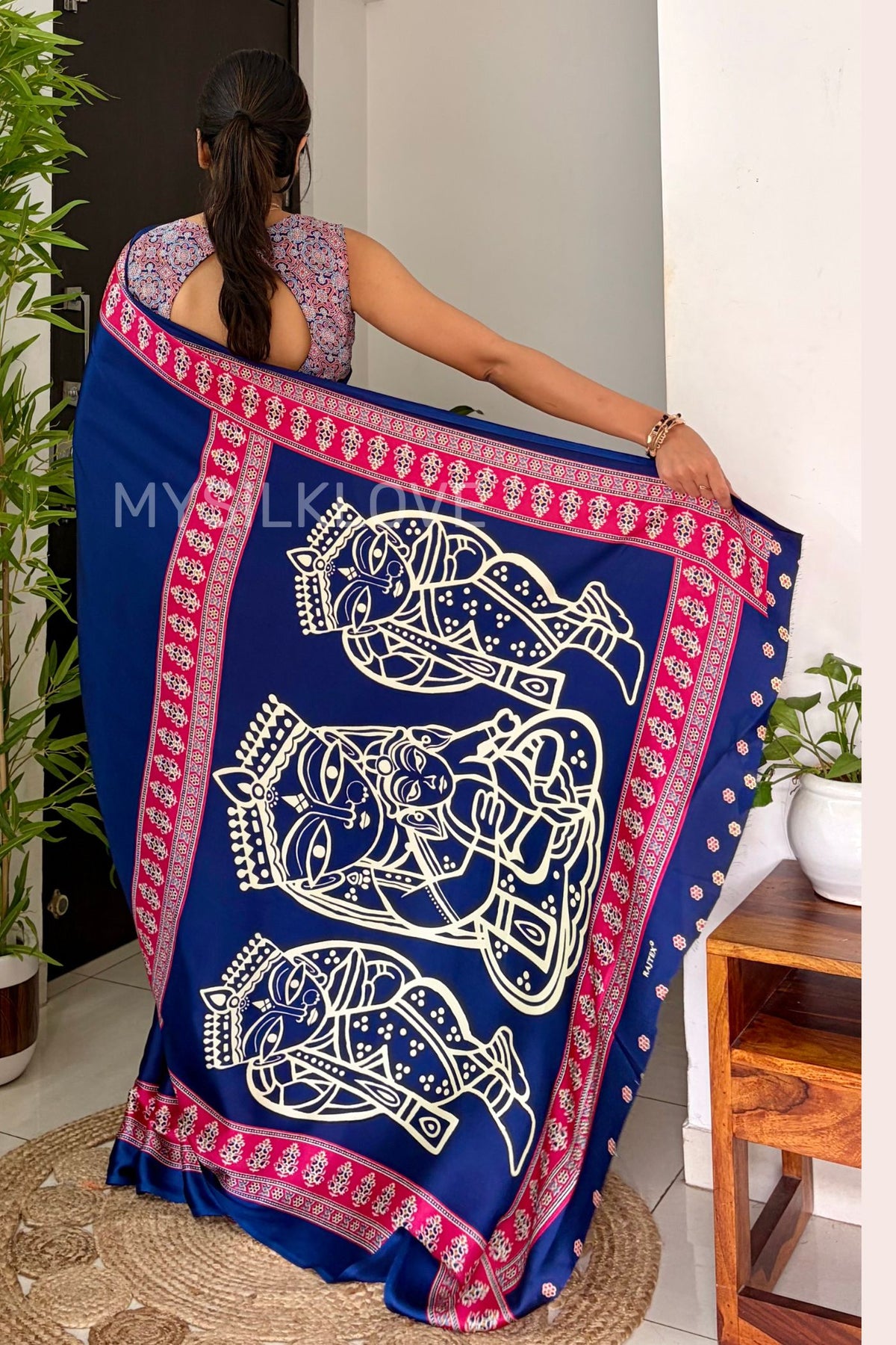 Buy MySilkLove Cobalt Blue Modal Ajrakh Satin Printed Silk Saree Online