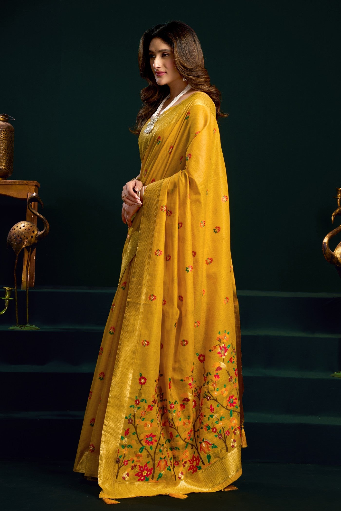 Buy MySilkLove Cyber Yellow Handloom Muga Cotton Saree Online