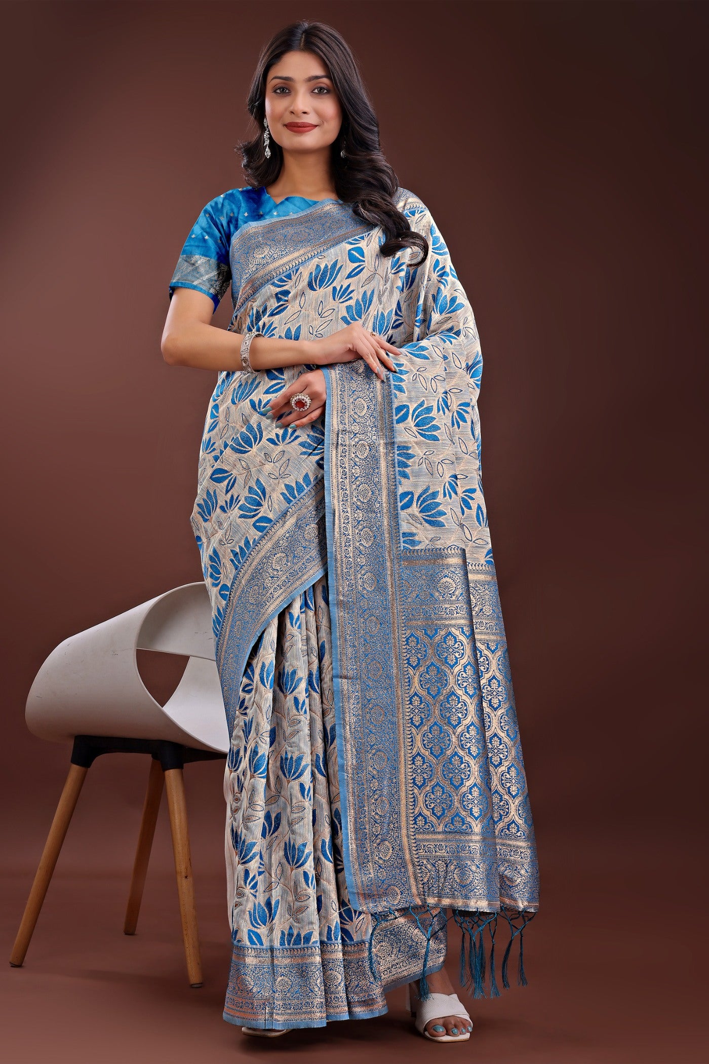 Buy MySilkLove Butterfly Blue Linen Cotton Saree Online