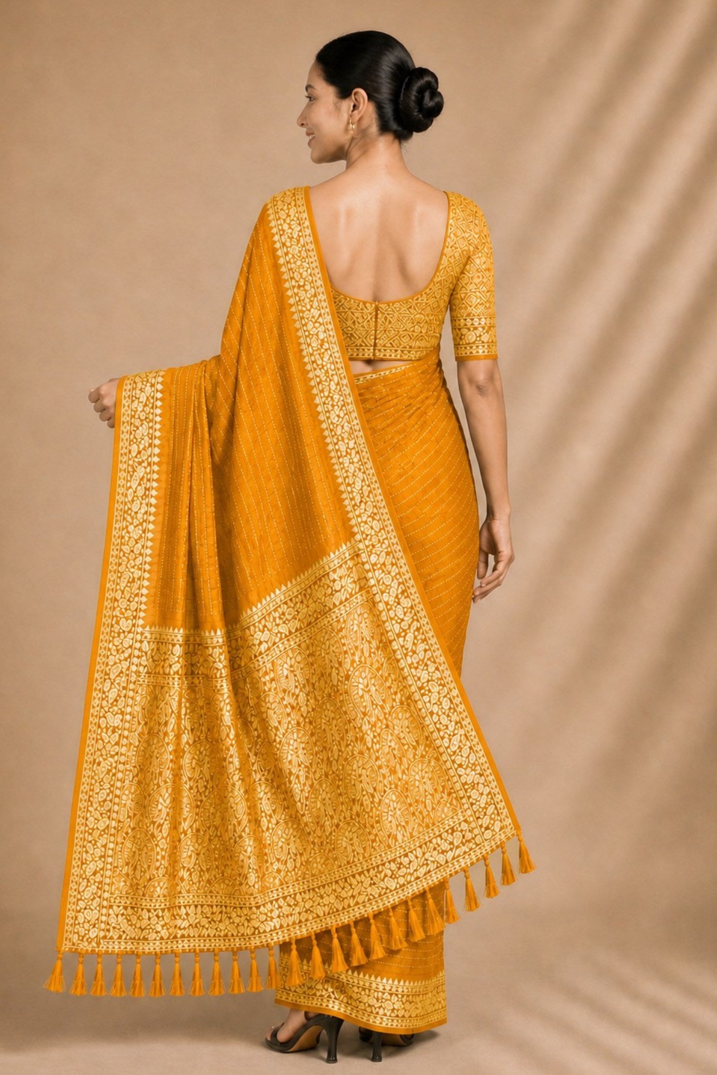 Buy MySilkLove Marigold Yellow Woven Chiffon Saree Online