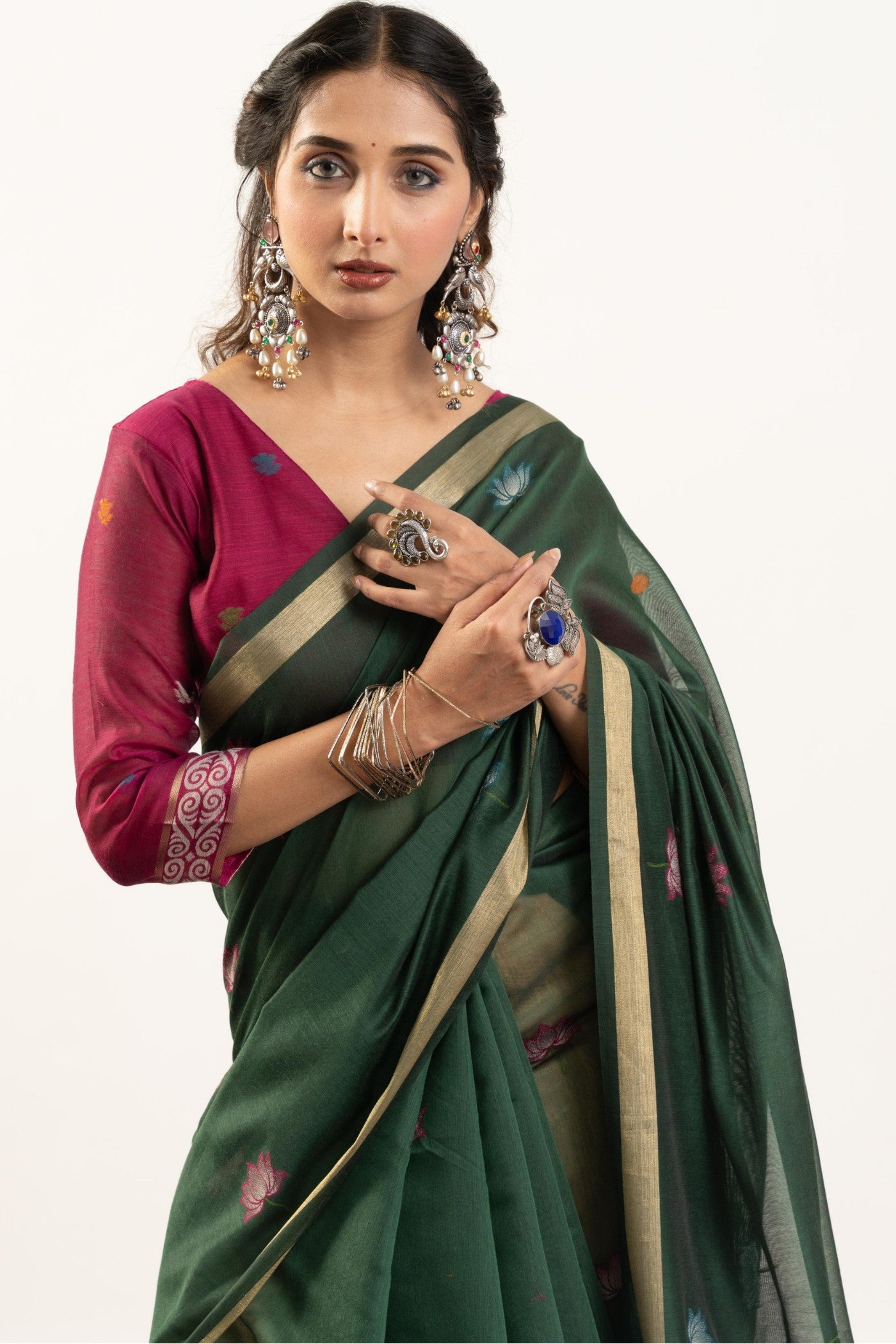 Buy MySilkLove Bottle Green Woven Soft Muga Cotton Saree Online