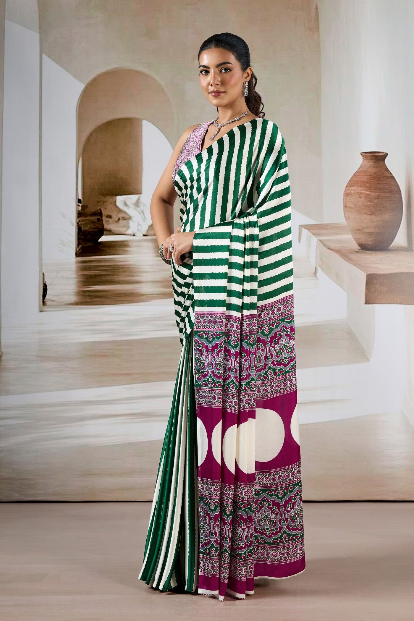 Buy MySilkLove Meadow Green Stripe Ajrakh Printed Satin Crepe Silk Saree Online