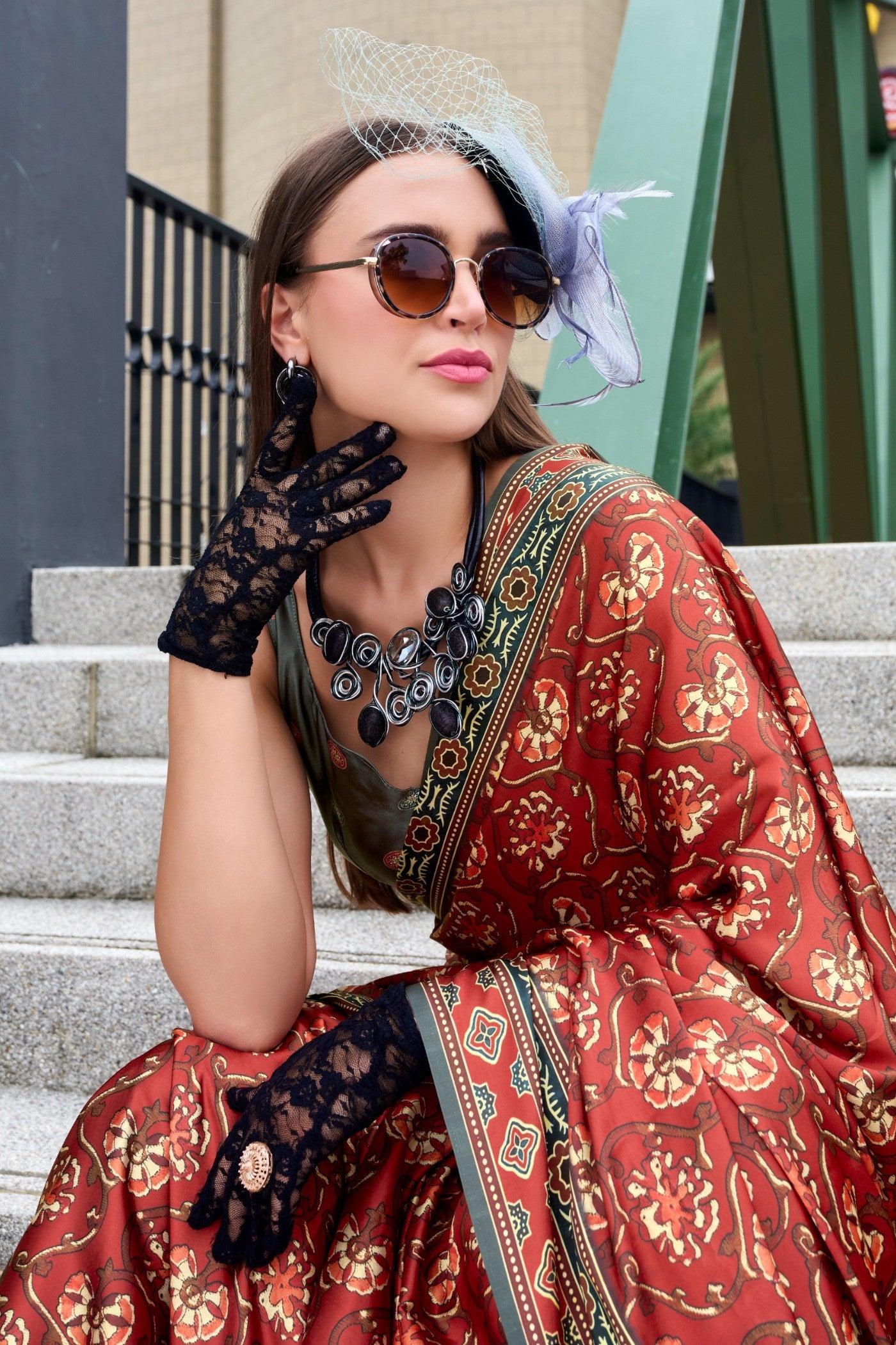 Buy MySilkLove Caramel Brown Ajrakh Printed Satin Crepe Silk Saree Online