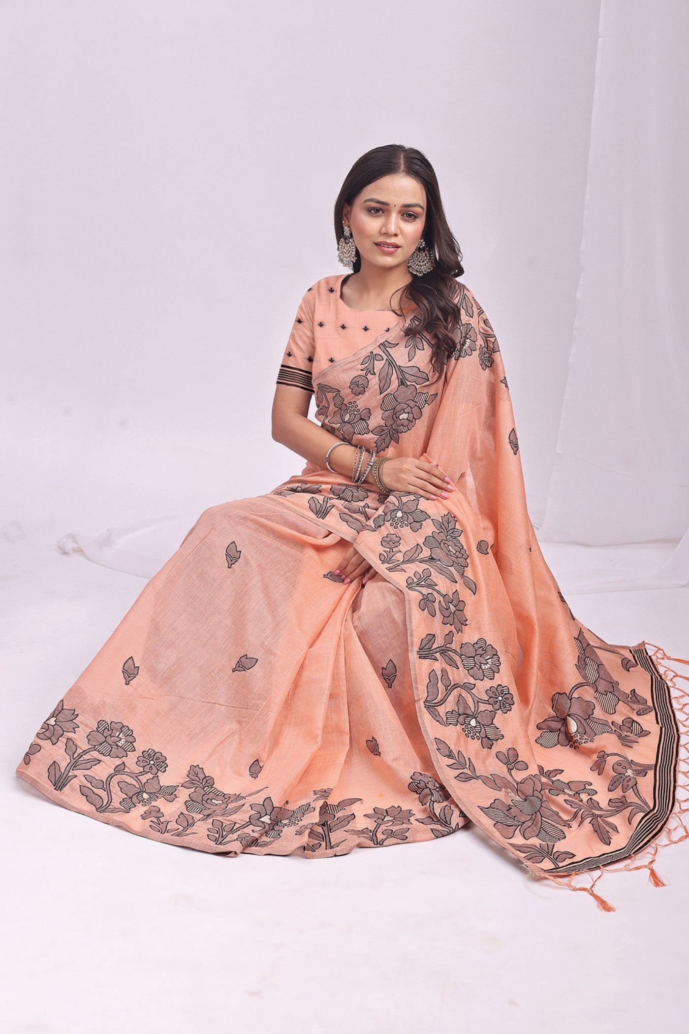 Buy MySilkLove Neon Orange Woven Linen Cotton Saree Online