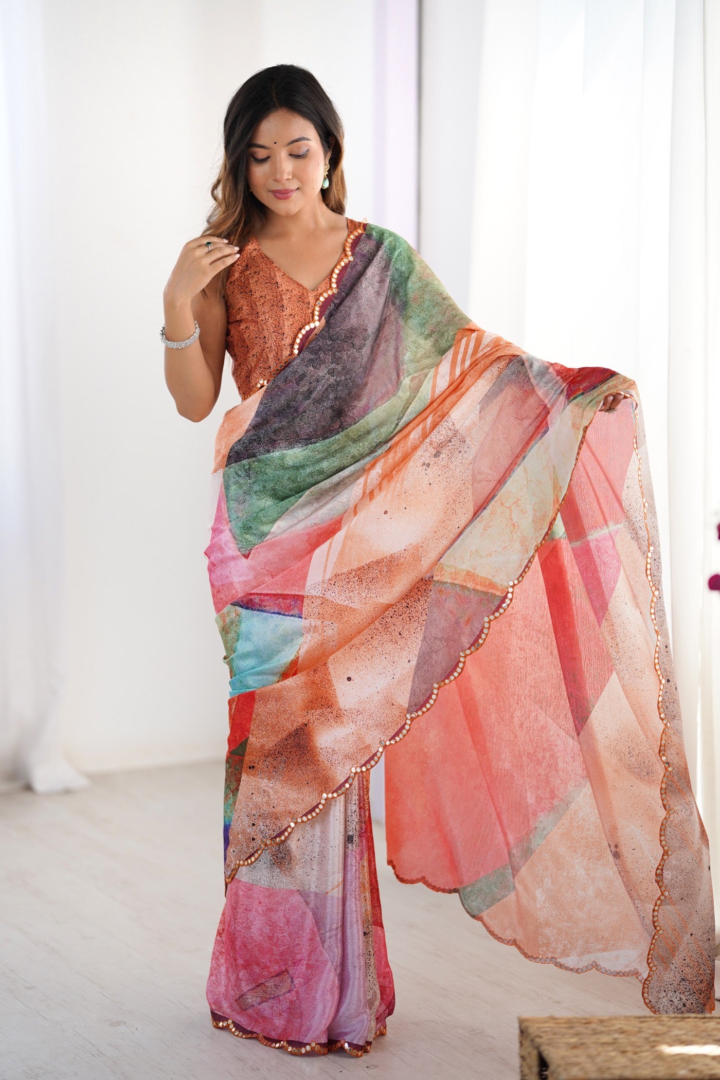 Buy MySilkLove Orange Multicolor Chinon Partywear Saree Online