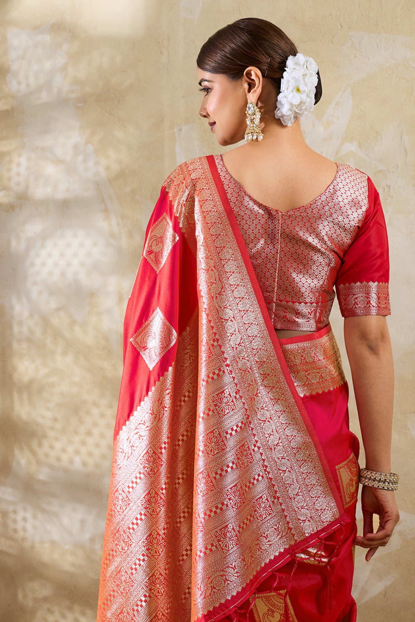 Buy MySilkLove Melon Red Woven Banarasi Soft Silk Saree Online