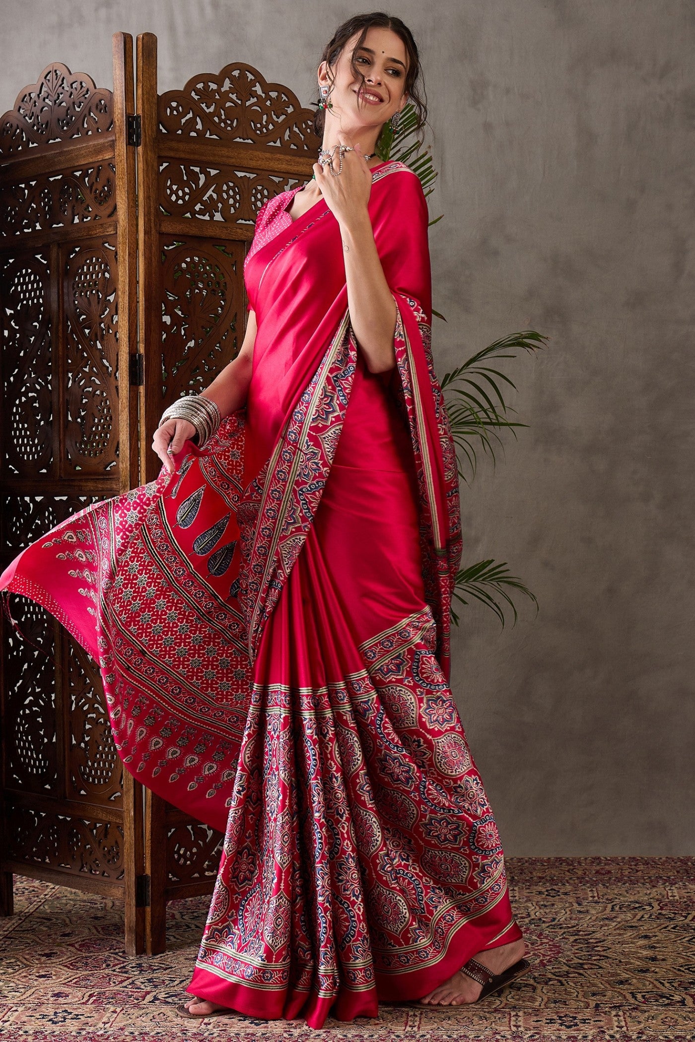 Buy MySilkLove Garnet Red Printed Satin Gaji Silk Saree Online