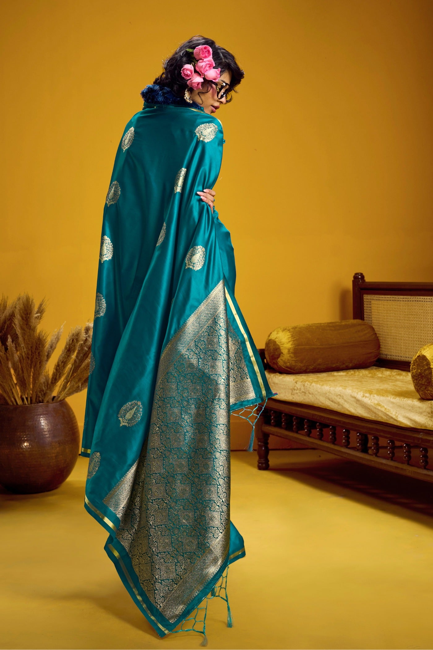 Buy MySilkLove Curious Blue Handloom Satin Silk Saree Online