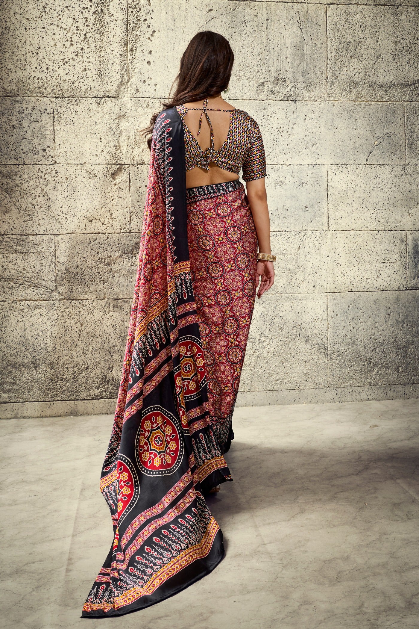 Buy MySilkLove Pickle Orange and Black Modal Ajrakh Satin Printed Silk Saree Online