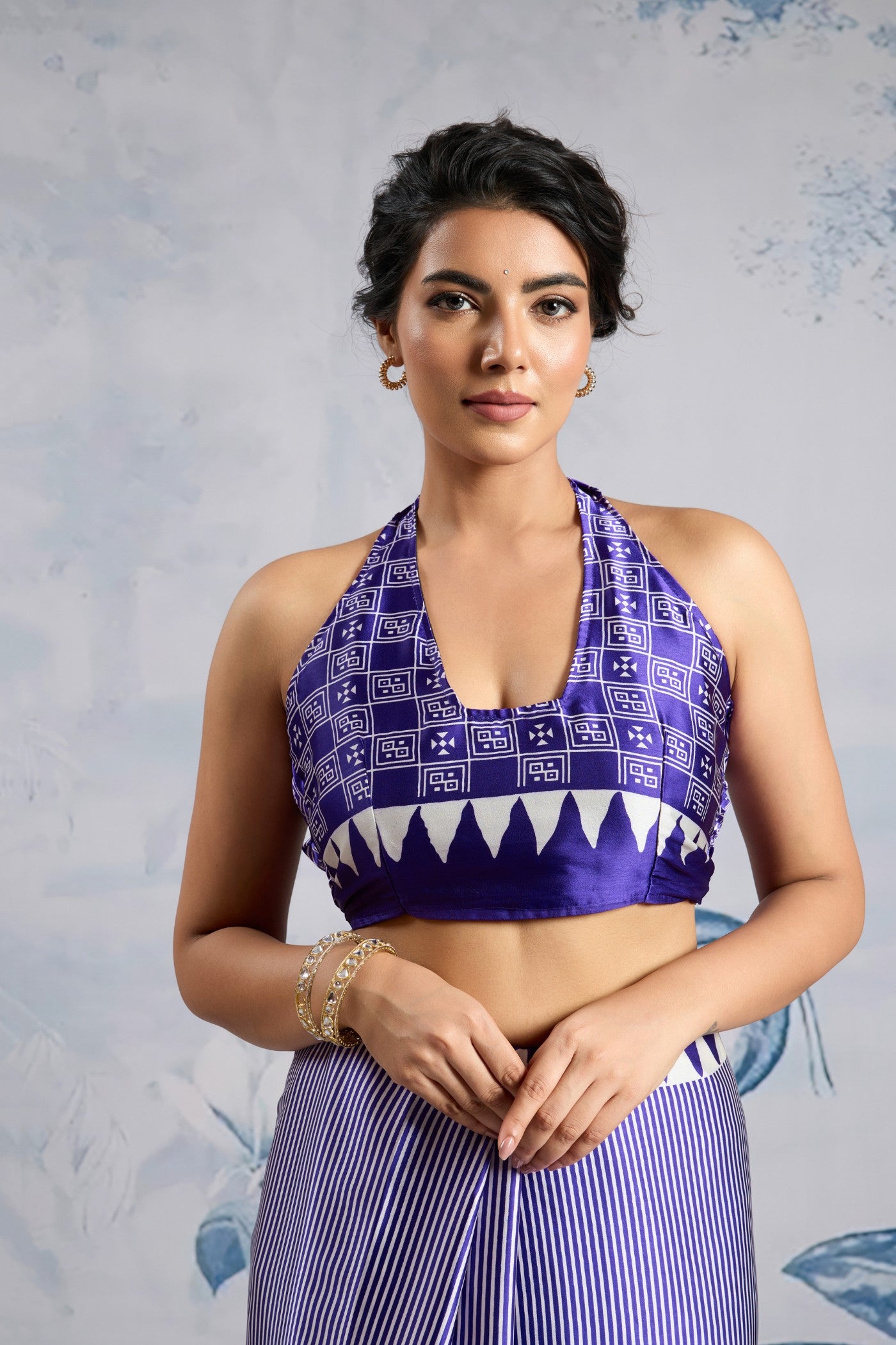 Buy MySilkLove Amatista Purple Stripe Ajrakh Printed Satin Crepe Silk Saree Online