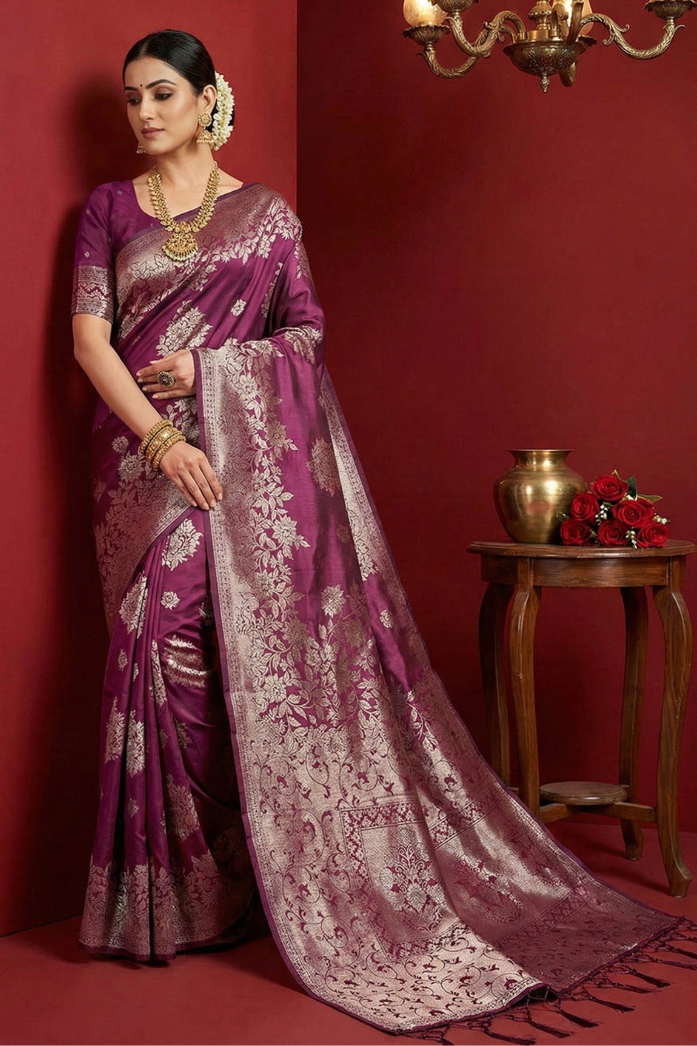 Buy MySilkLove Plum Purple Woven Banarasi Silk Saree Online