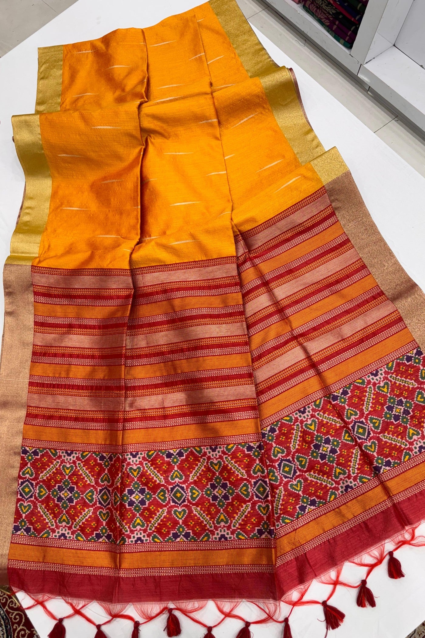 Buy MySilkLove Tiger Orange Meenakari Woven Patola Saree Online