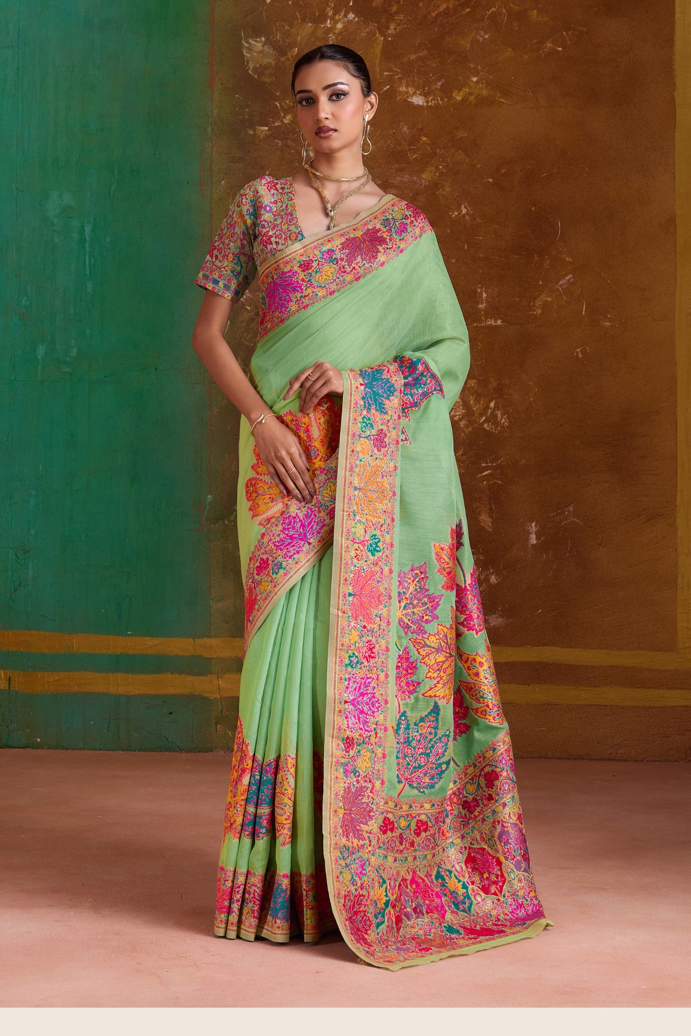 Buy MySilkLove Celadon Green Kashmiri Handloom Jamewar Saree Online
