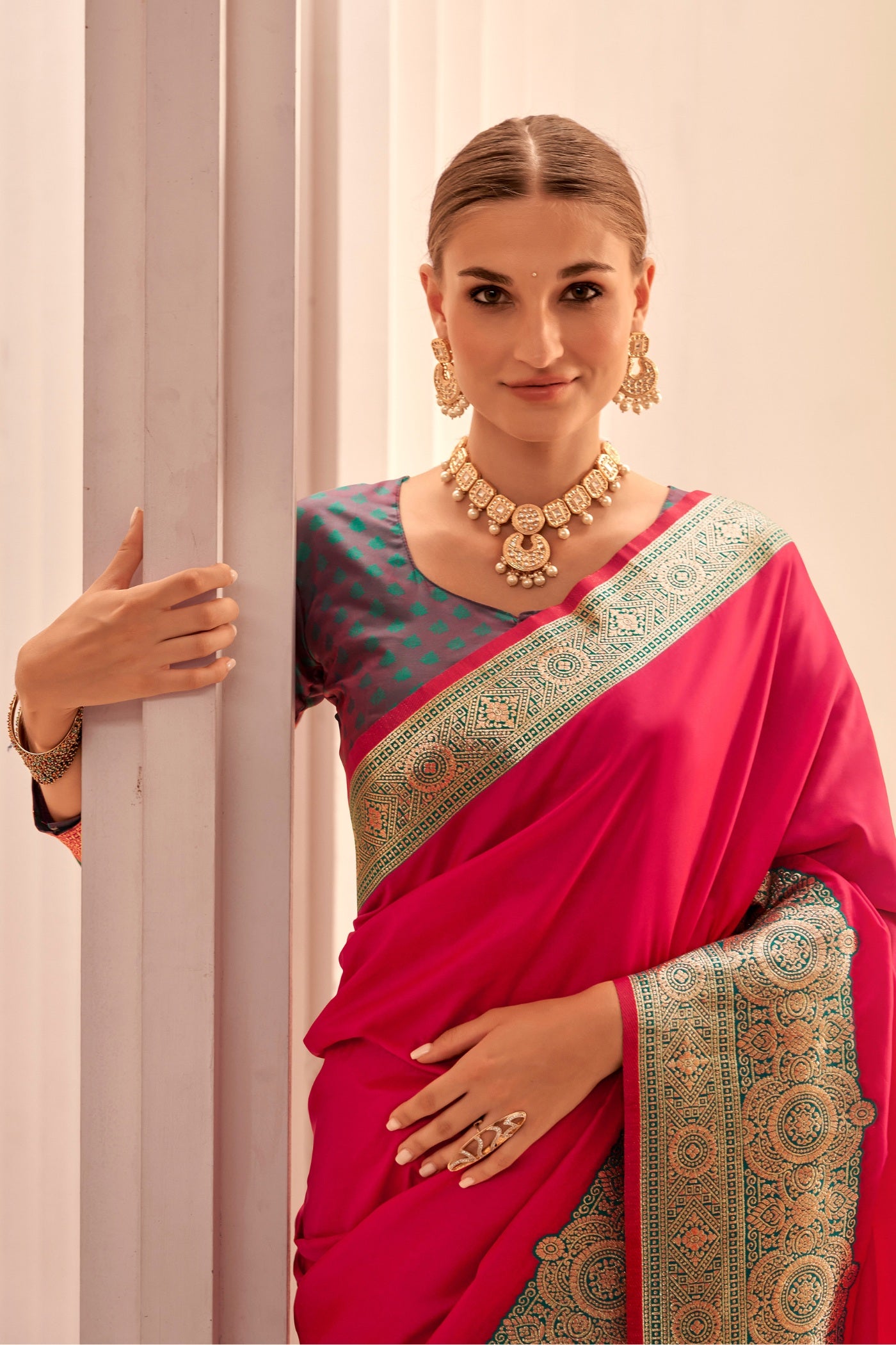 Buy MySilkLove Poppy Pink Woven Banarasi Soft Silk Saree Online