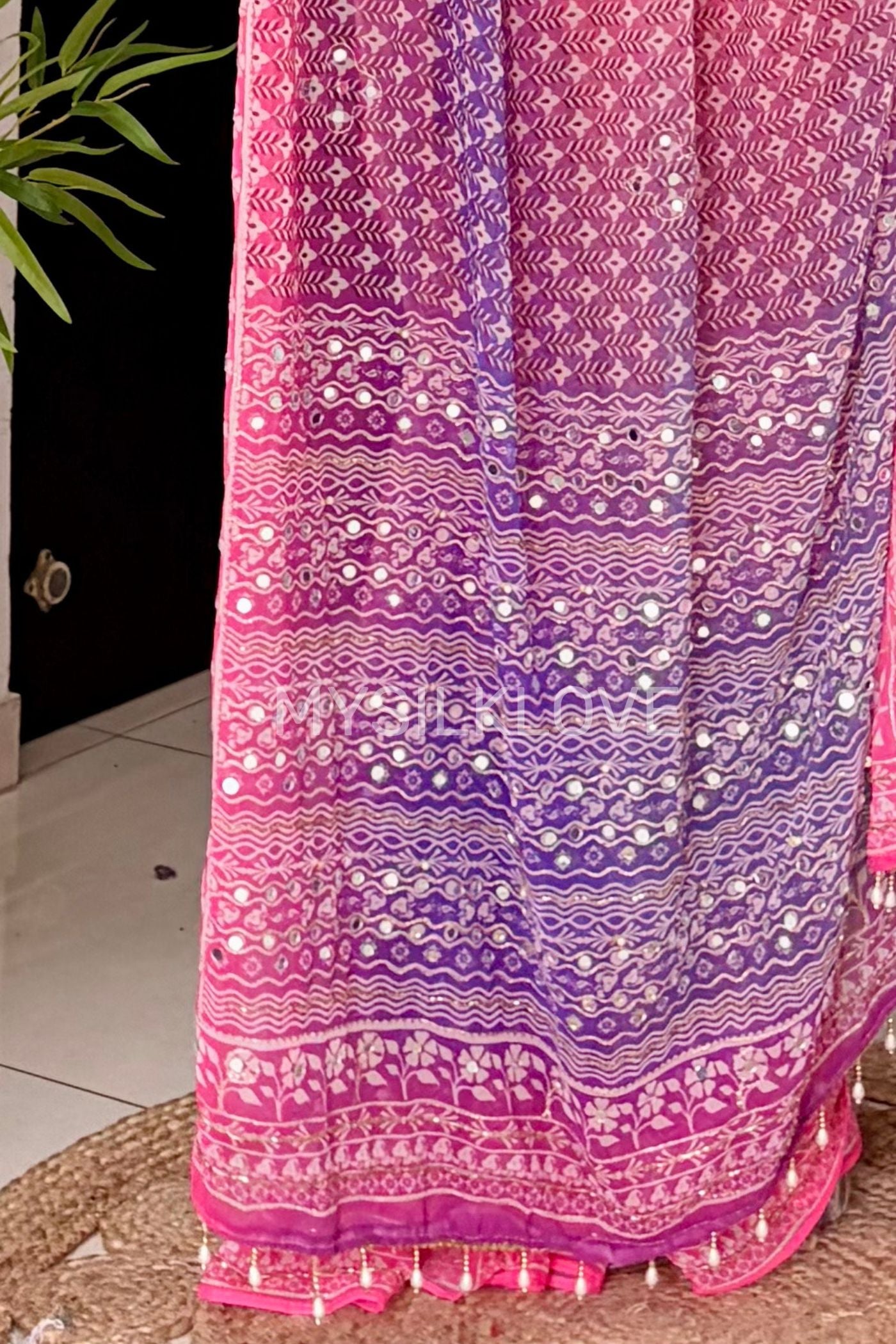 Buy MySilkLove Baby Pink and Purple Ajrakh Georgette Mirror Work Saree Without Blouse Online