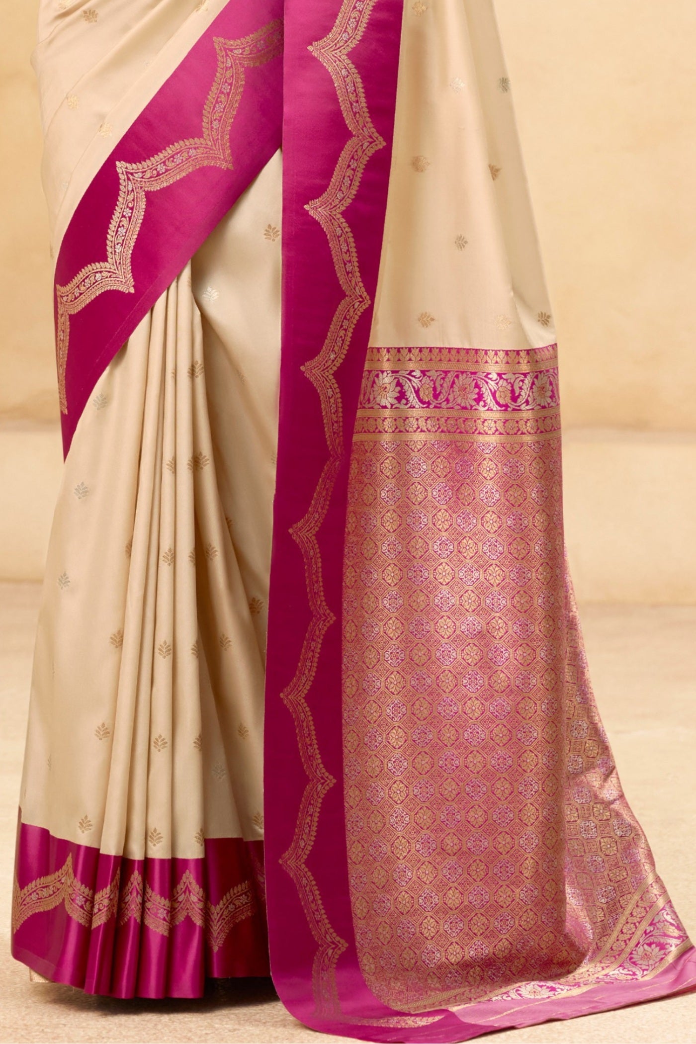 Buy MySilkLove Parchment Cream Woven Banarasi Satin Soft Silk Saree Online