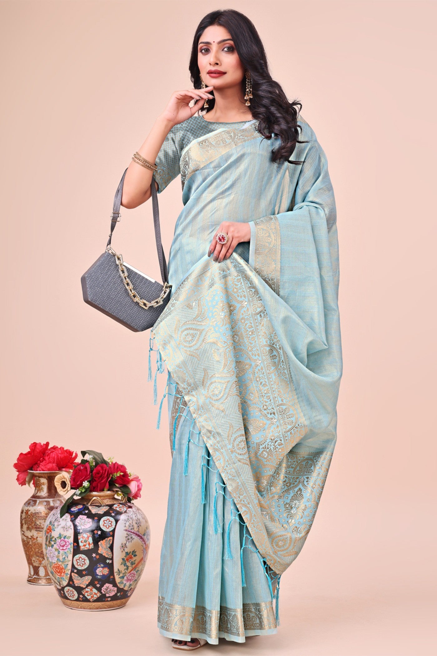 Buy MySilkLove Chrome Blue Woven Organza Saree Online