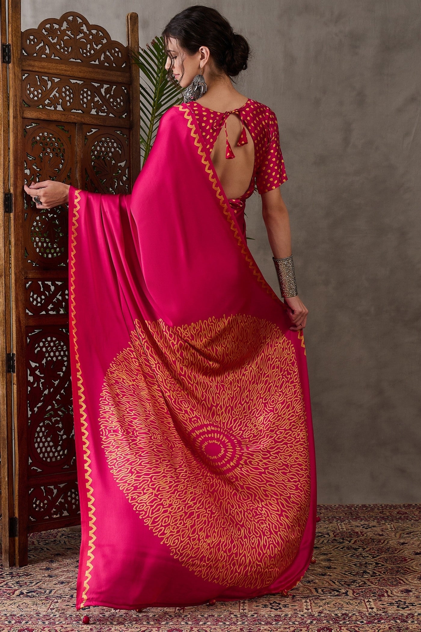 Buy MySilkLove Magenta Pink Printed Satin Gaji Silk Saree Online