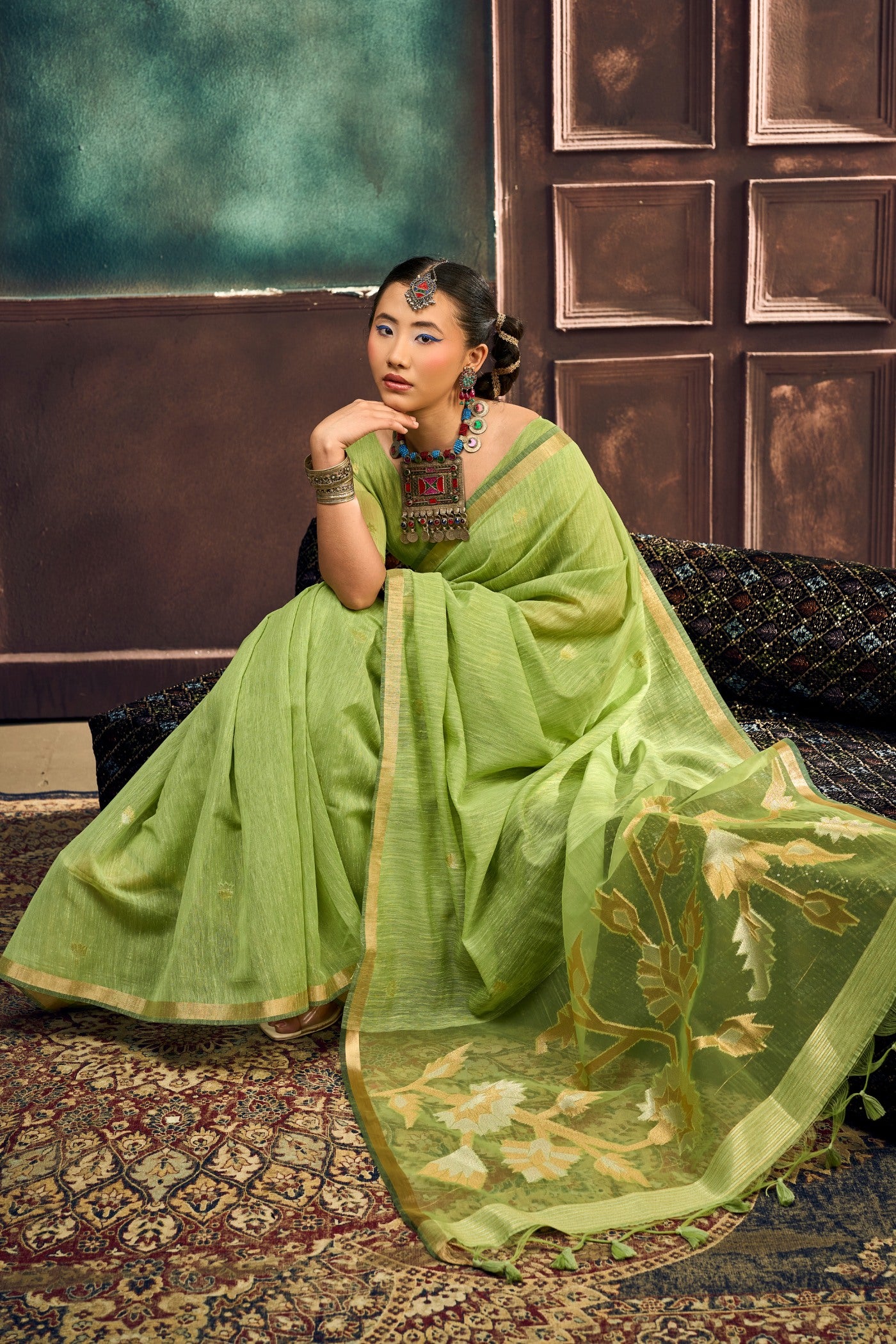 Buy MySilkLove Pear Green Munga Handloom Cotton Saree Online